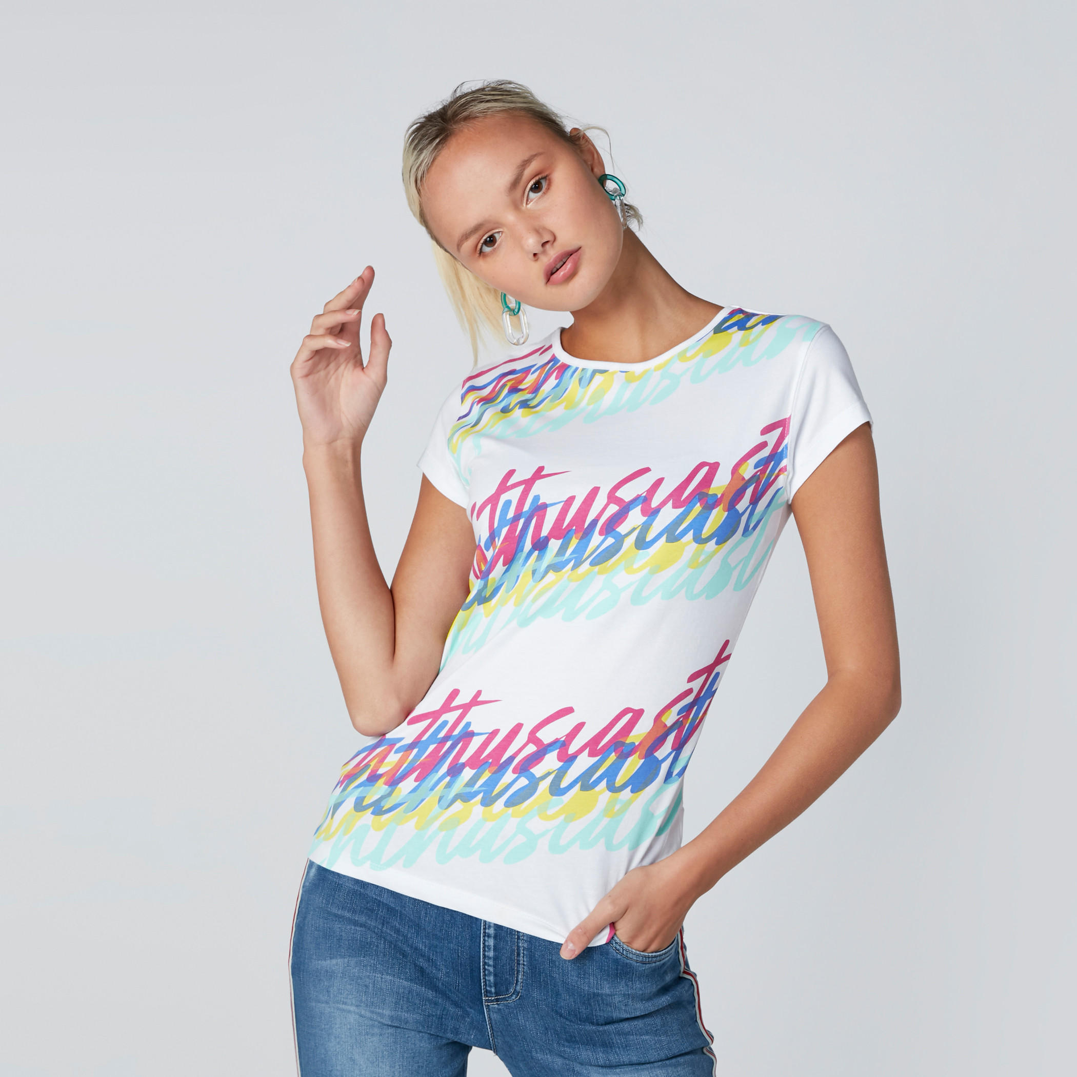 Text Printed T-Shirt with Round Neck and Short Sleeves-women-clothing-tshirts-image-1