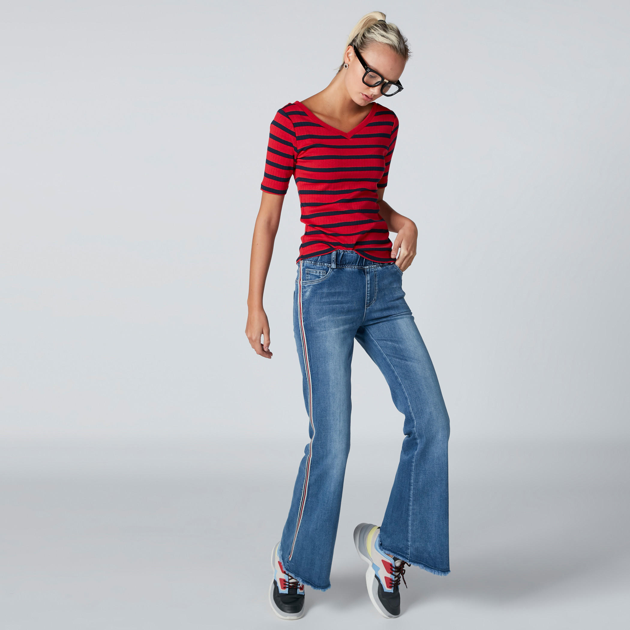 Striped T-Shirt with V-Neck and Short Sleeves-women-clothing-tshirts-image-1