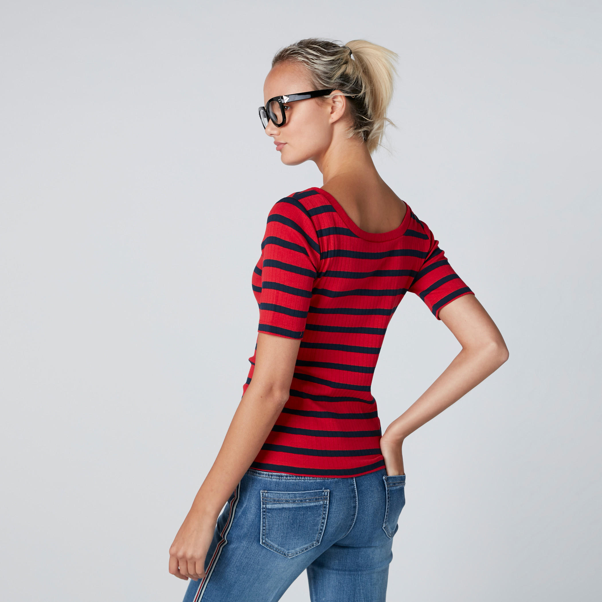 Striped T-Shirt with V-Neck and Short Sleeves-women-clothing-tshirts-image-2