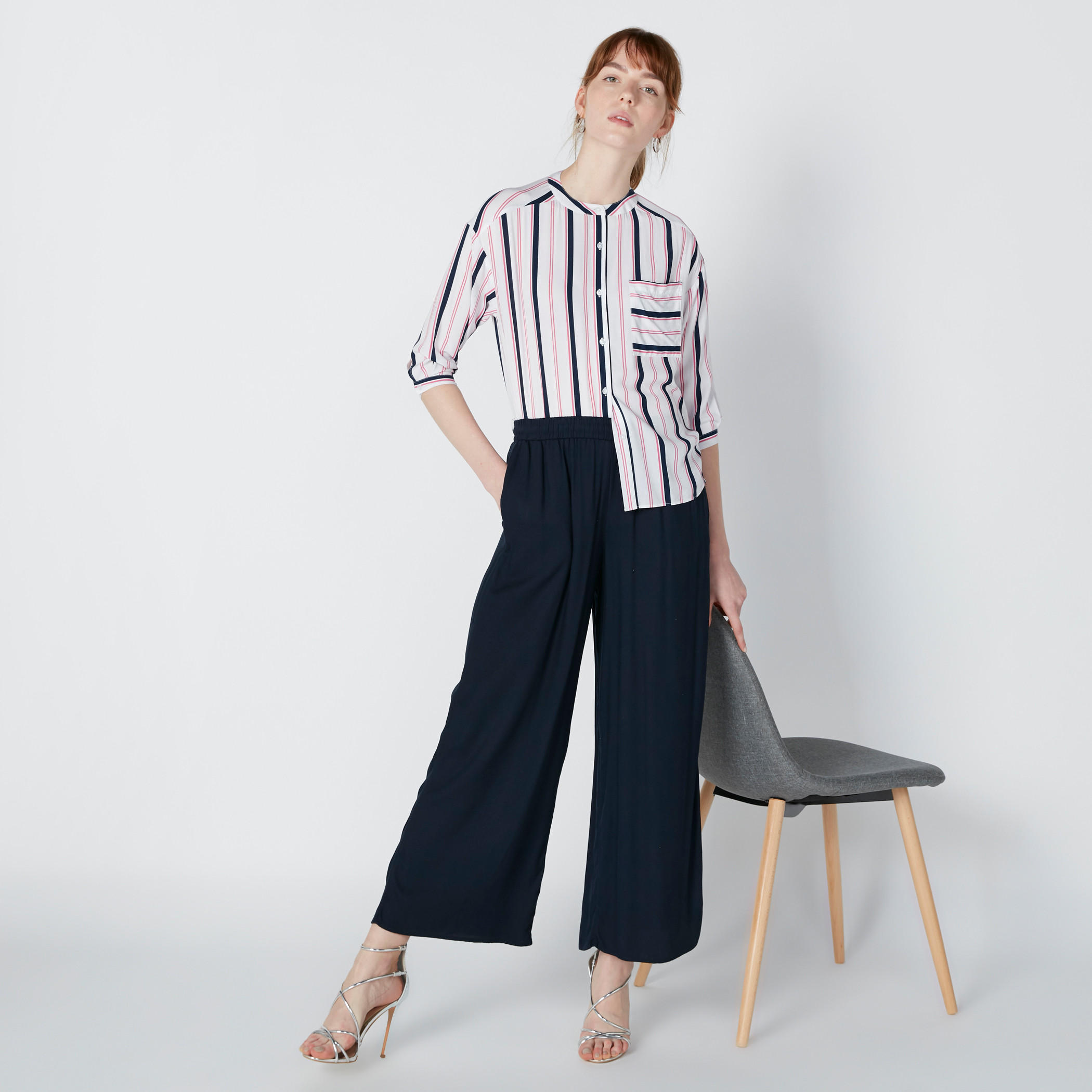 قميص مقلّم بياقة ماندارين وأكمام 3/4 وجيوب-women-clothing-shirtsandblouses-shirts-image-1