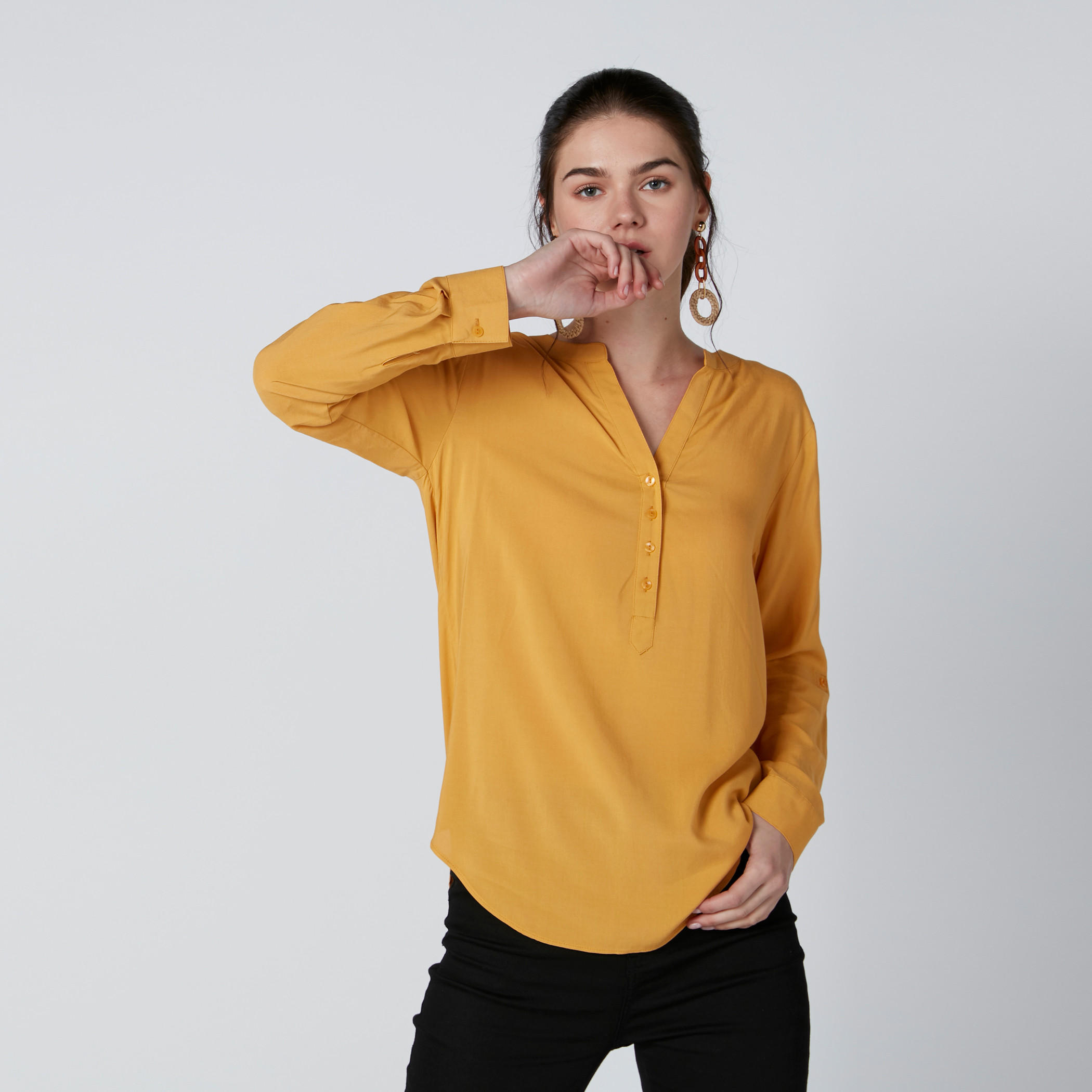 Mandarin Collar Top with Long Sleeves-women-clothing-shirtsandblouses-blouses-image-1