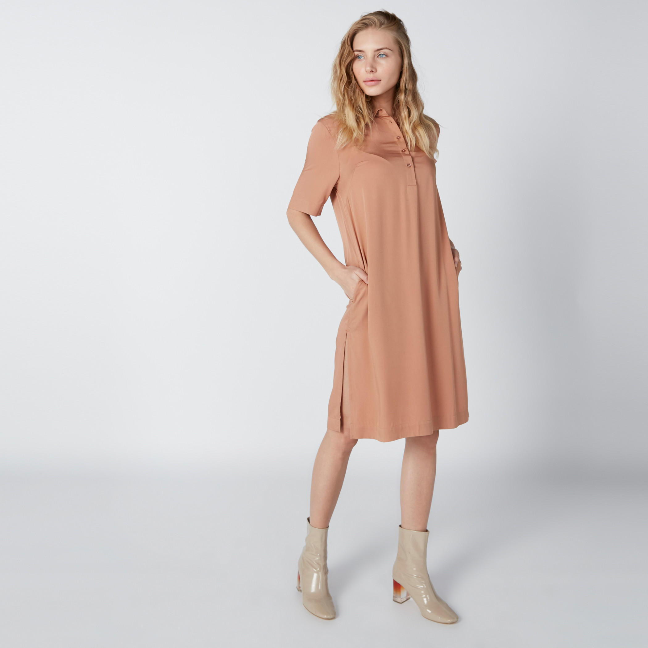 فستان متوسط الطول بأكمام قصيرة وجيوب-women-clothing-dresses-image-2