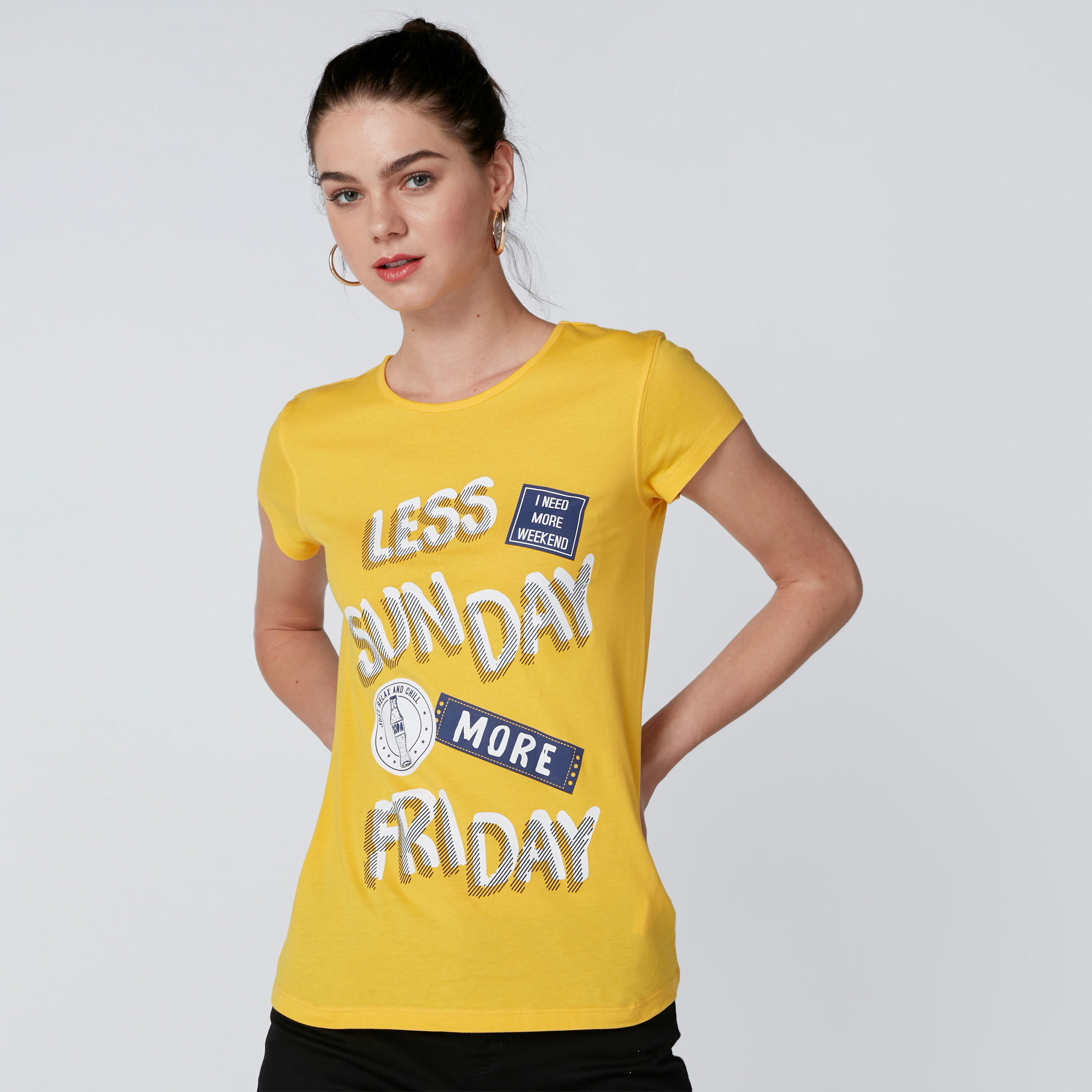 Text Printed Round Neck T-Shirt with Cap Sleeves-women-clothing-tshirts-image-1