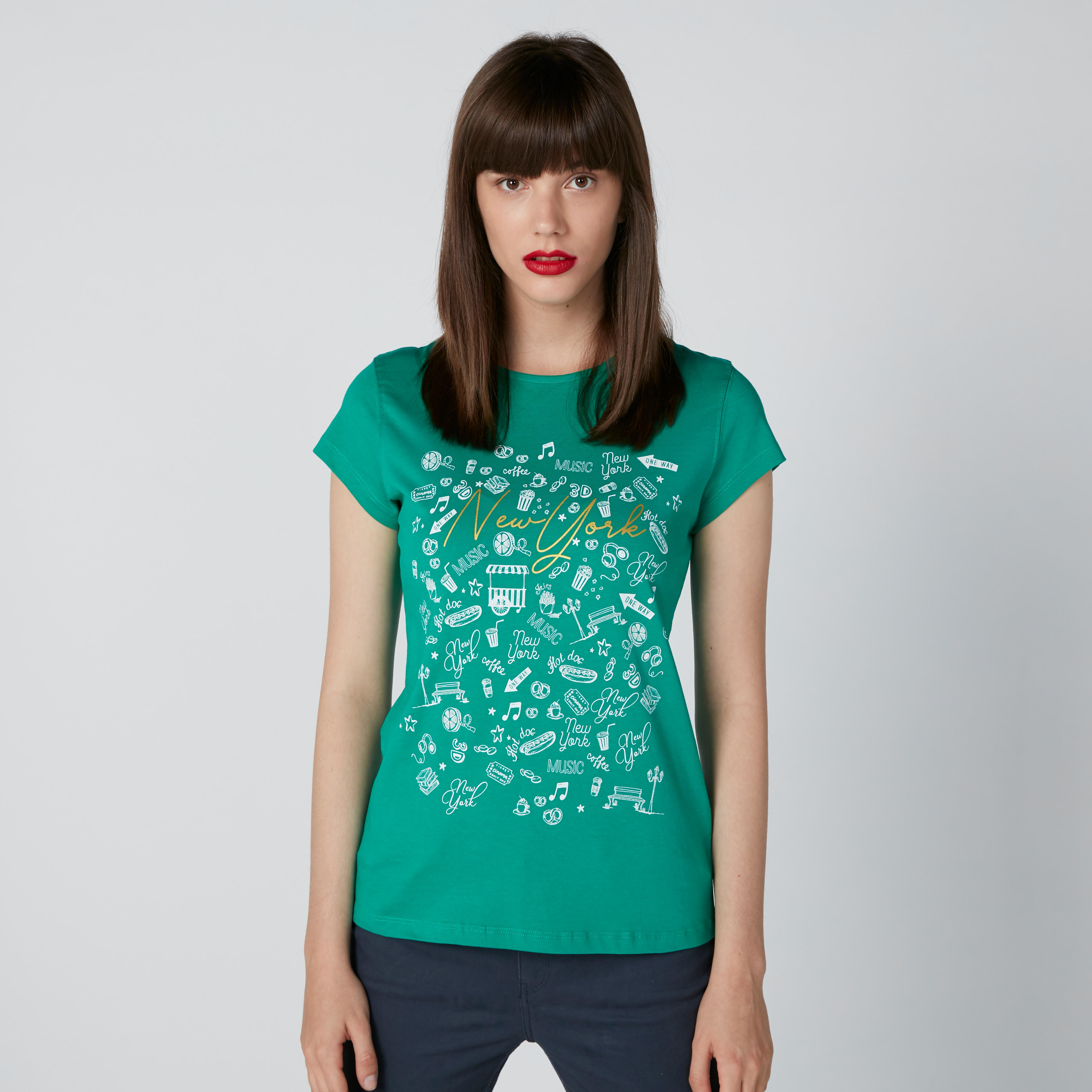 تيشيرت سليم فيت بياقة مستديرة وأكمام كاب وطبعات-women-clothing-tshirts-image-3