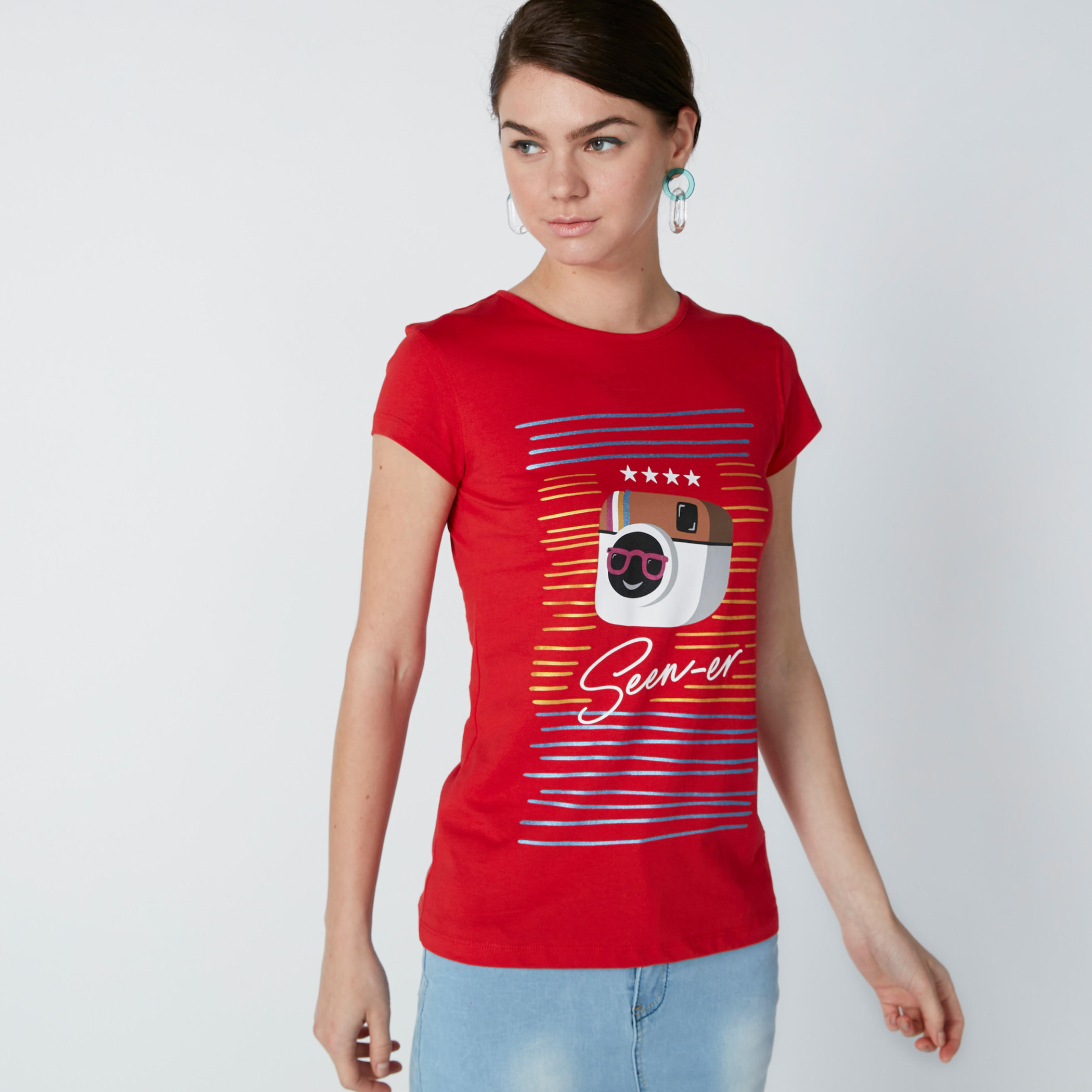 Printed T-Shirt in Slim Fit with Cap Sleeves-women-clothing-tshirts-image-1