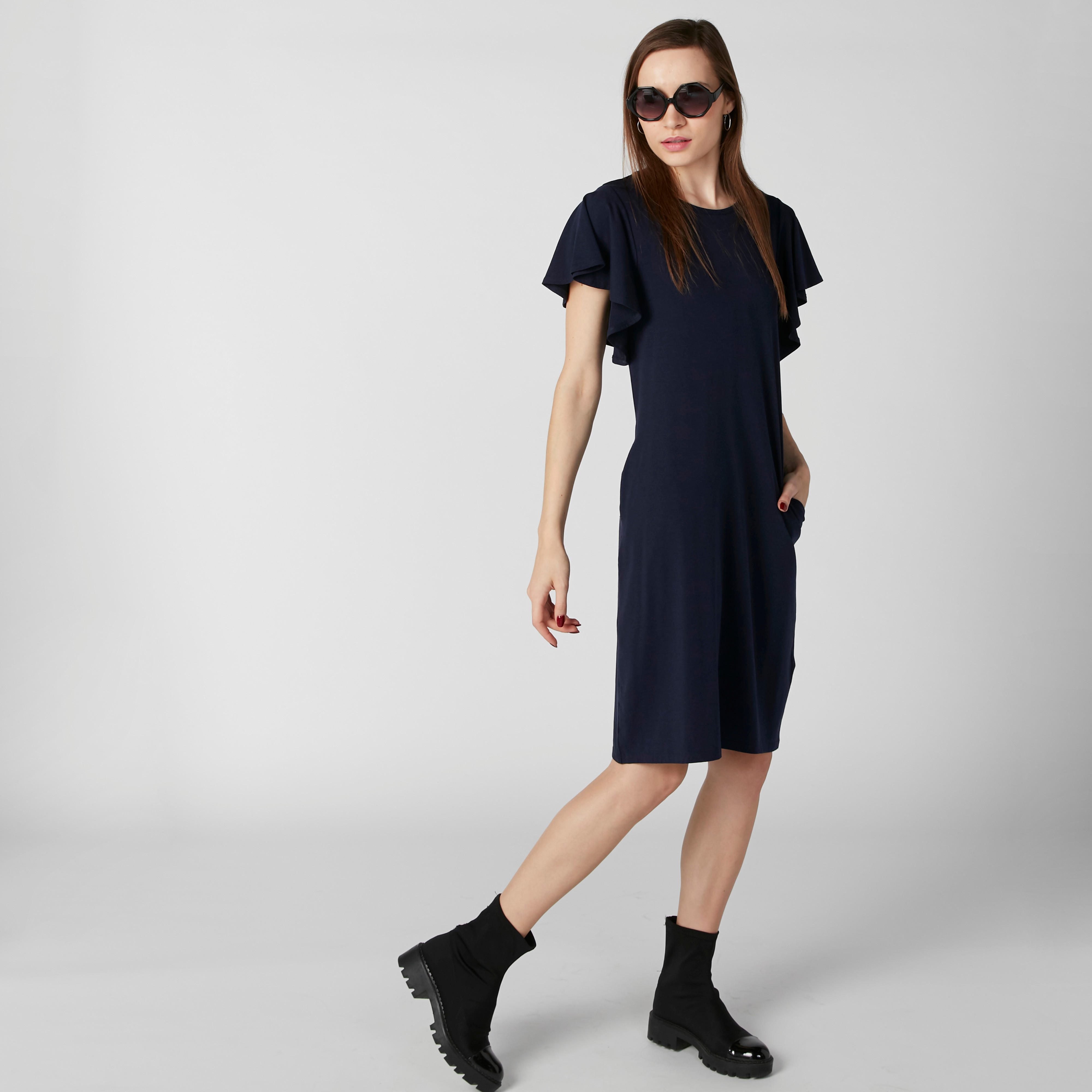 فستان متوسط الطول بياقة مستديرة وجيوب-women-clothing-dresses-image-1