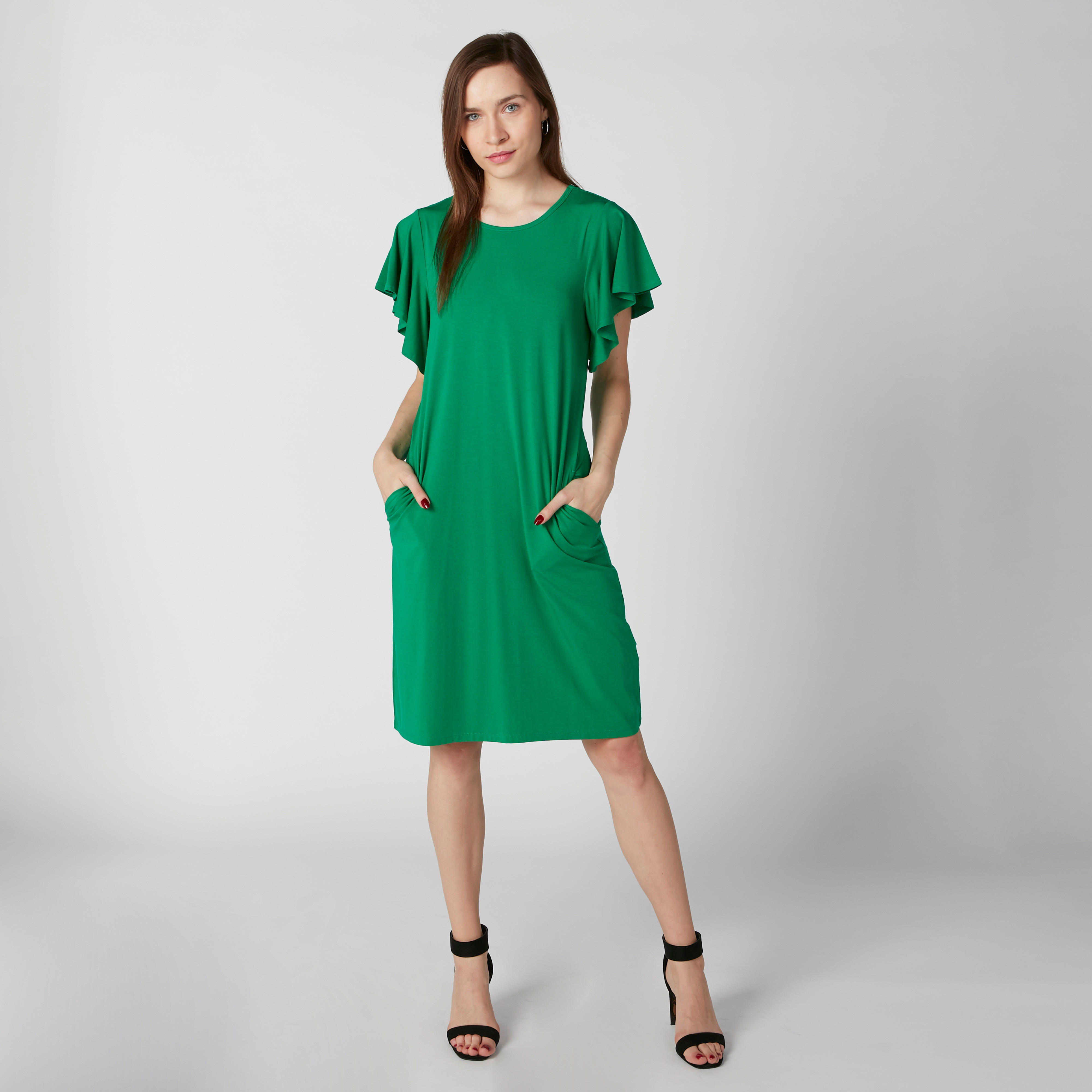 فستان بياقة مستديرة وتفاصيل كشكش وجيوب-women-clothing-dresses-image-4
