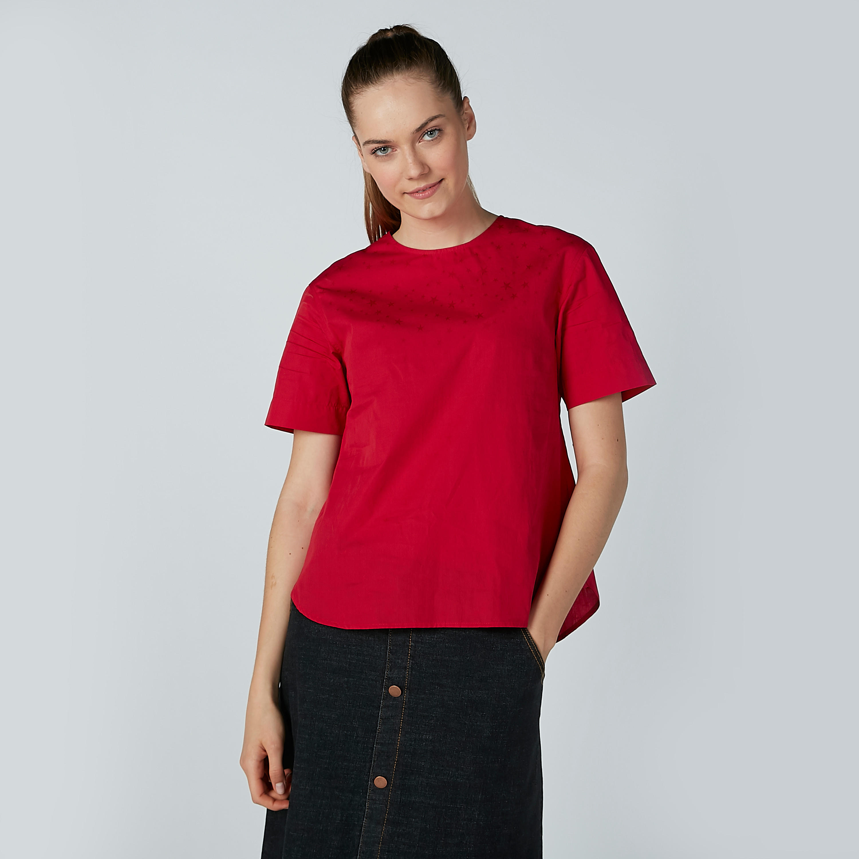 بلوزة بطبعات وياقة مستديرة وأكمام قصيرة-women-clothing-shirtsandblouses-blouses-image-1
