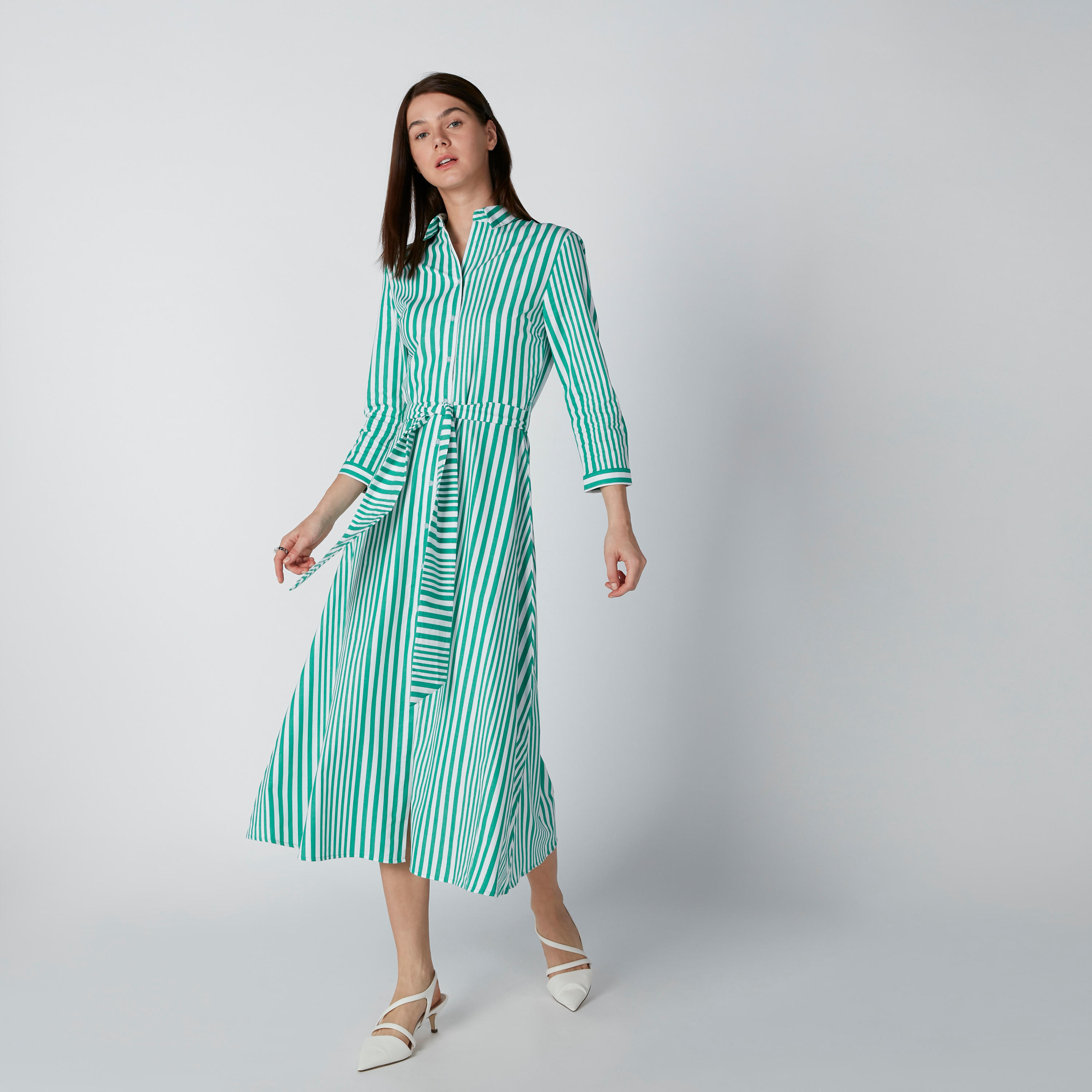 فستان قميص متوسط الطول مقلم بحزام-women-clothing-dresses-image-1