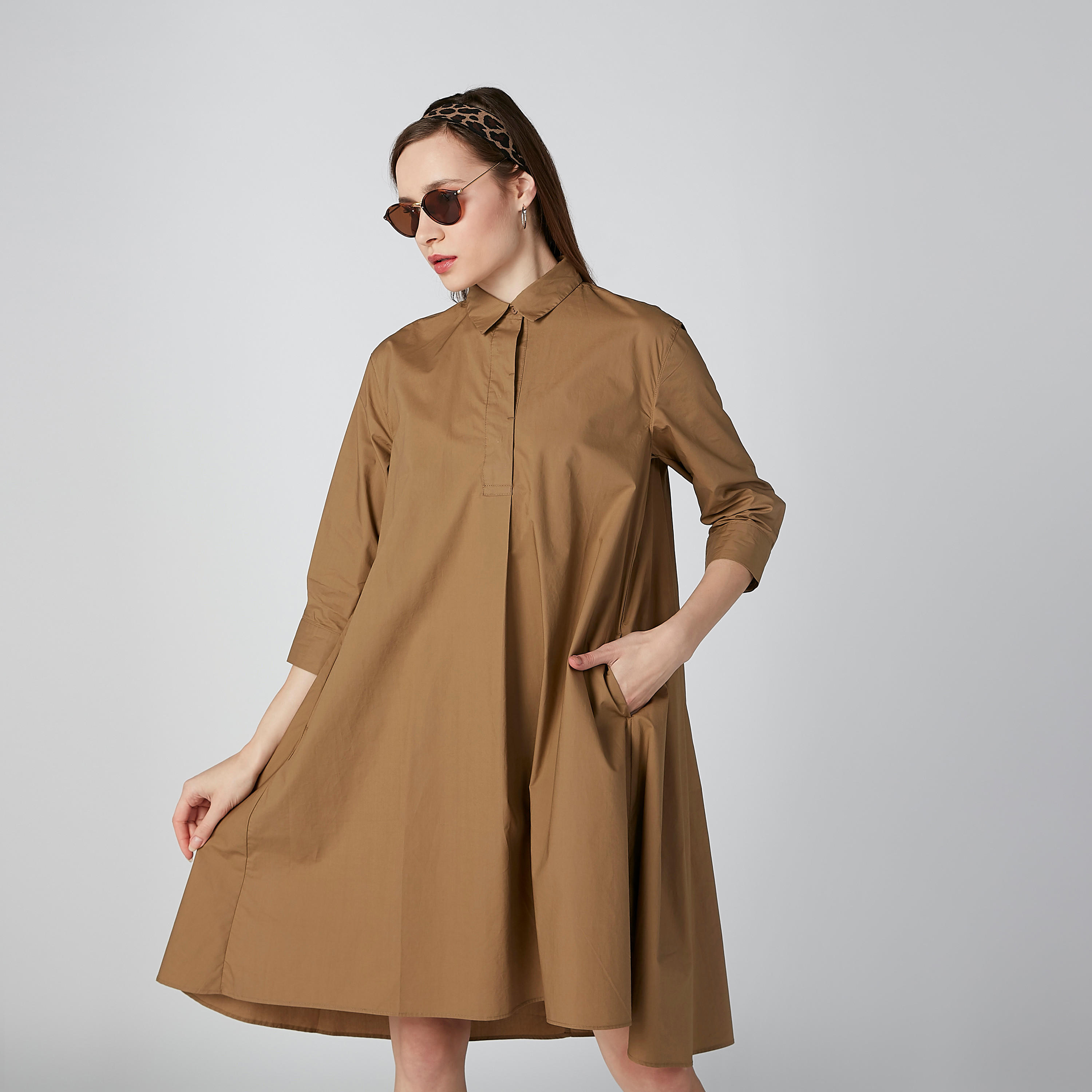 فستان سادة إيه لاين متوسط بياقة عاديّة وأكمام 3/4-women-clothing-dresses-image-1