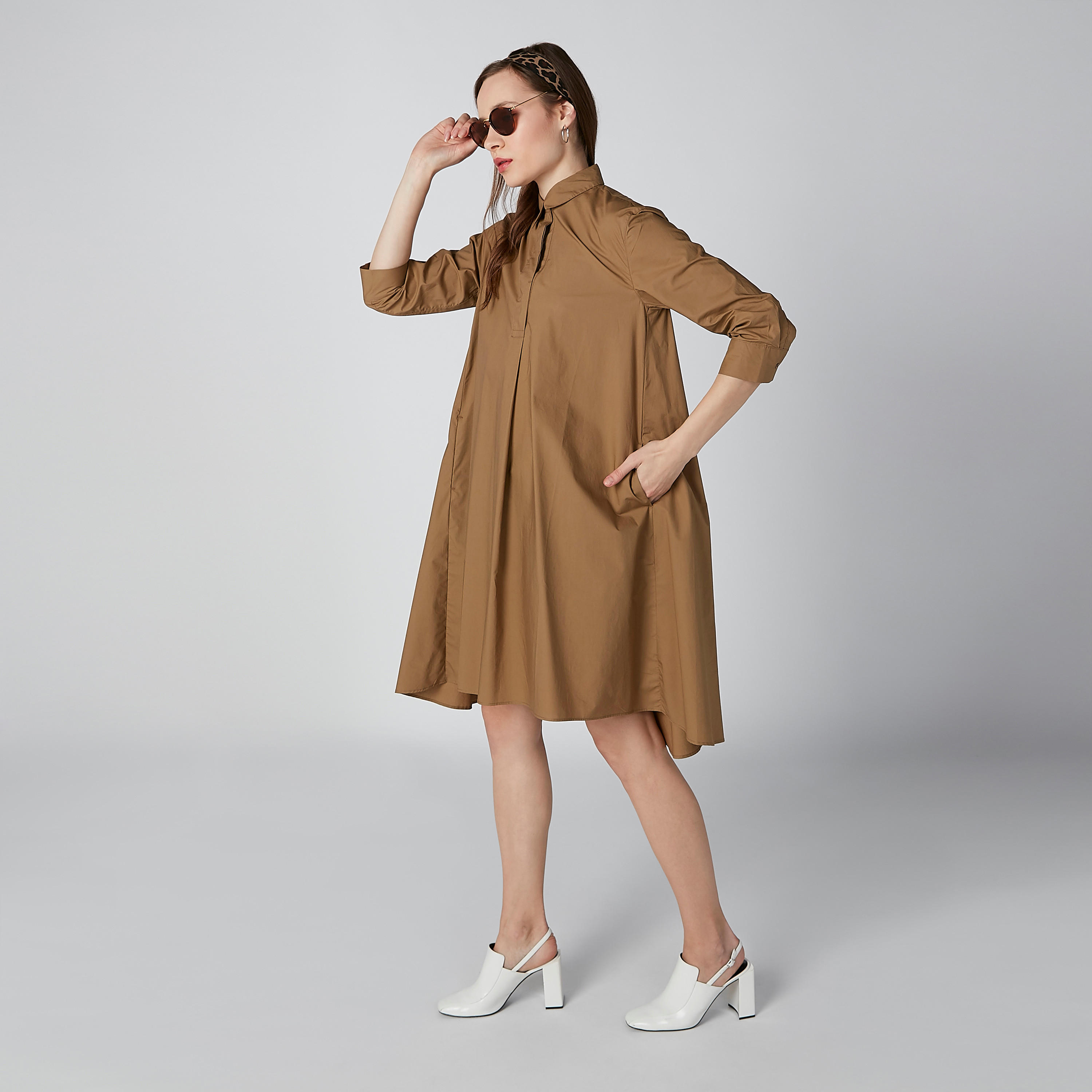 فستان سادة إيه لاين متوسط بياقة عاديّة وأكمام 3/4-women-clothing-dresses-image-4