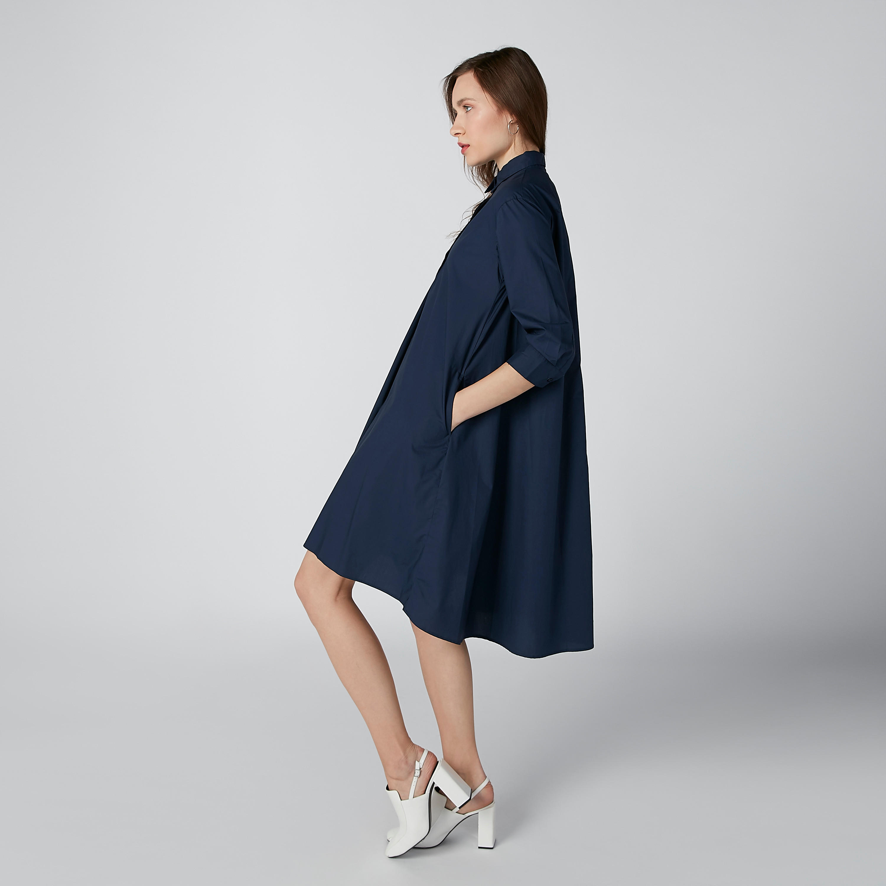 فستان قميص سادة متوسط الطول بأكمام 3/4-women-clothing-dresses-image-1