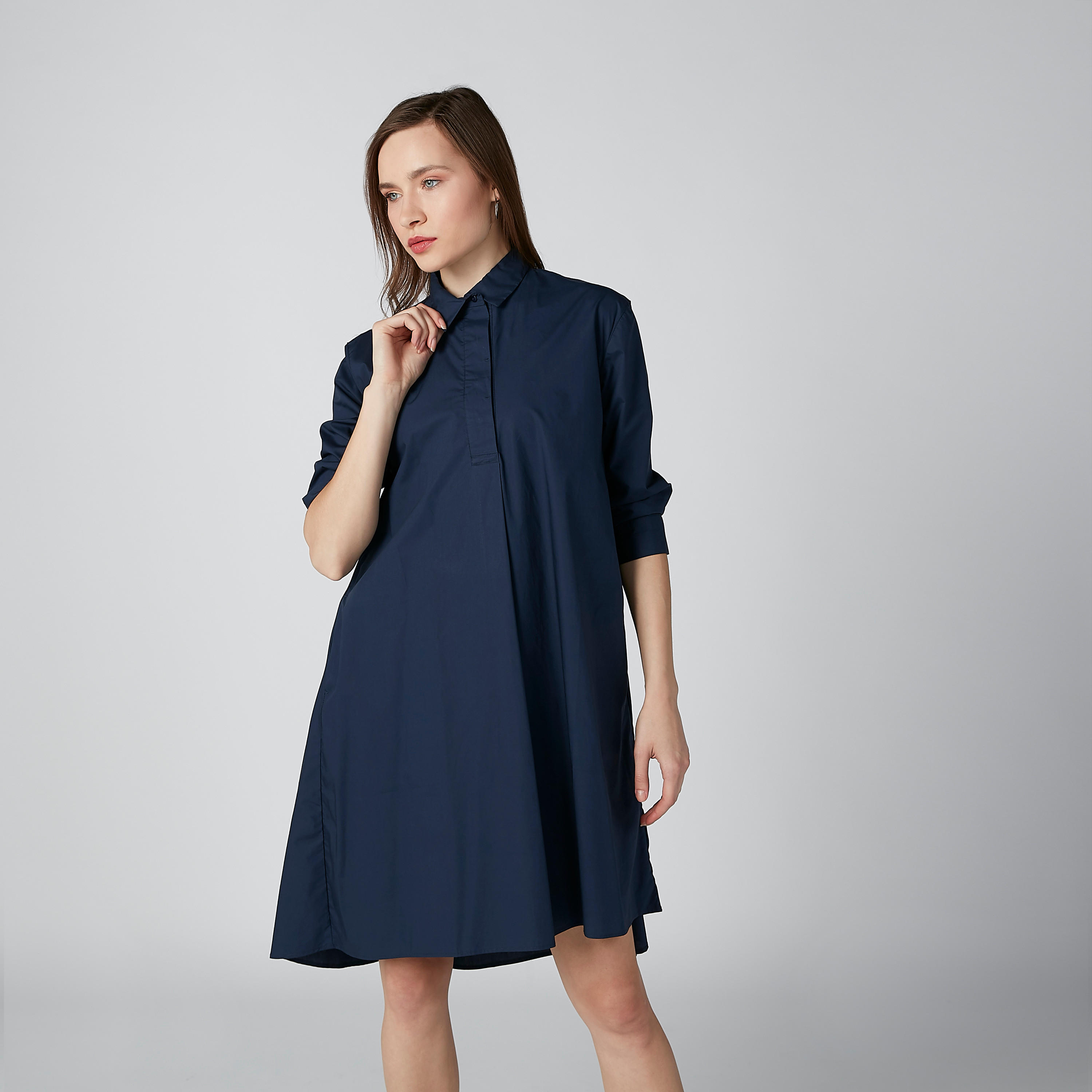 فستان قميص سادة متوسط الطول بأكمام 3/4-women-clothing-dresses-image-3