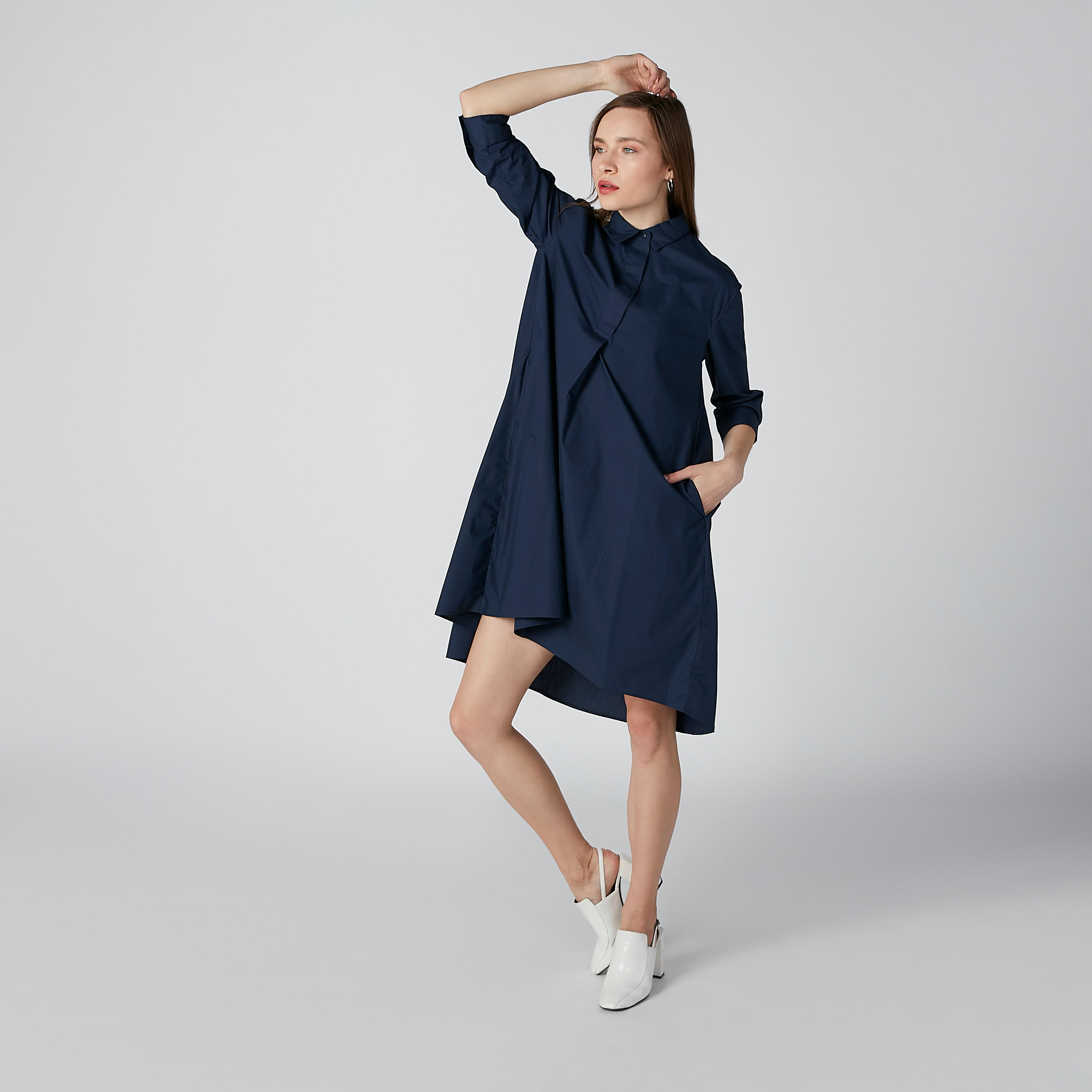 فستان قميص سادة متوسط الطول بأكمام 3/4-women-clothing-dresses-image-4