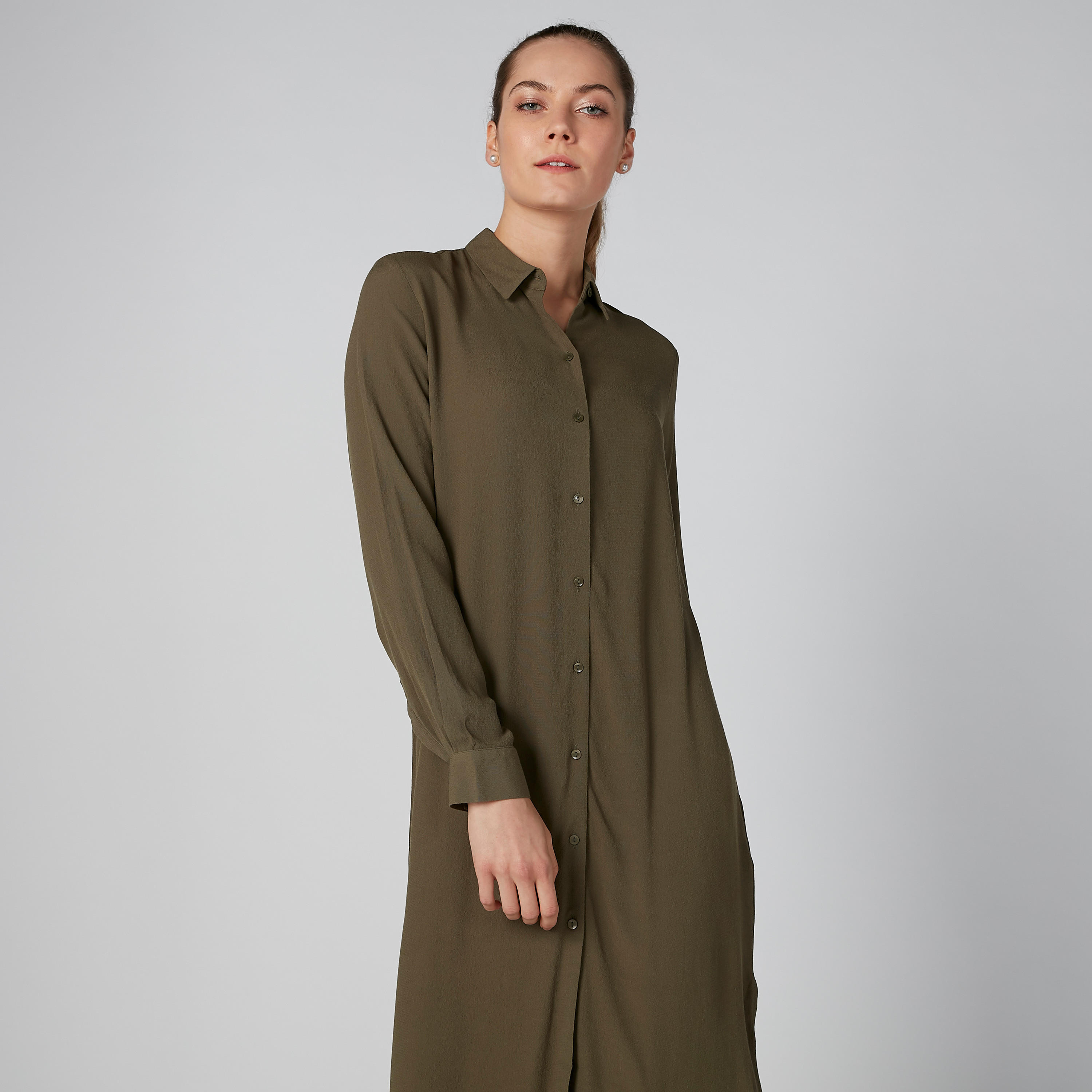 فستان قميص سادة متوسط الطول بأكمام طويلة وفتحة-women-clothing-dresses-image-5