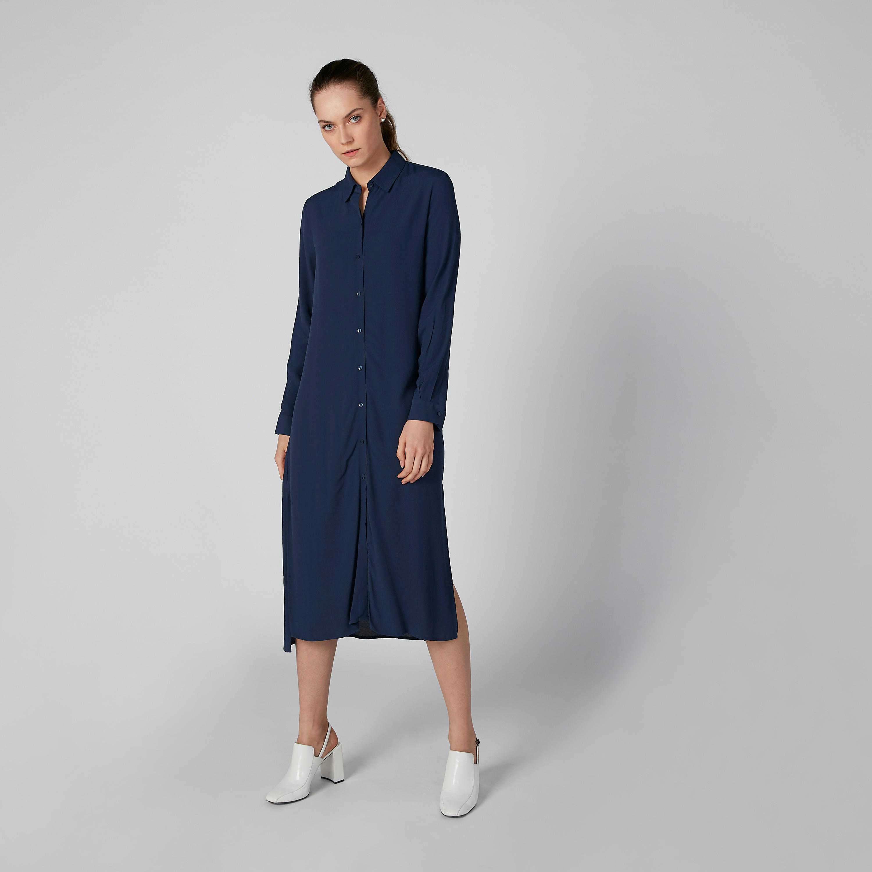 فستان قميص سادة متوسط الطول بأكمام طويلة وفتحة-women-clothing-dresses-image-3
