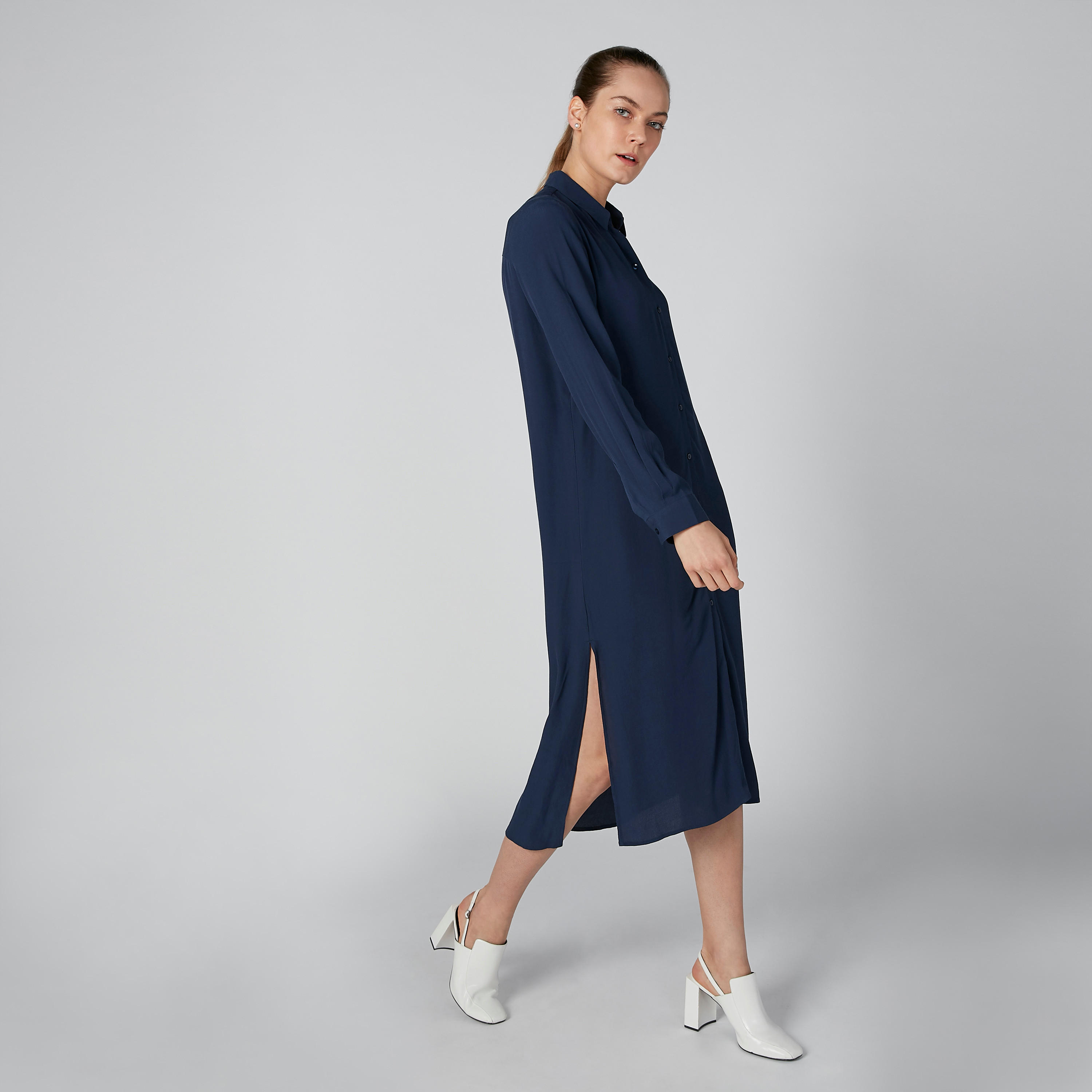 فستان قميص سادة متوسط الطول بأكمام طويلة وفتحة-women-clothing-dresses-image-4