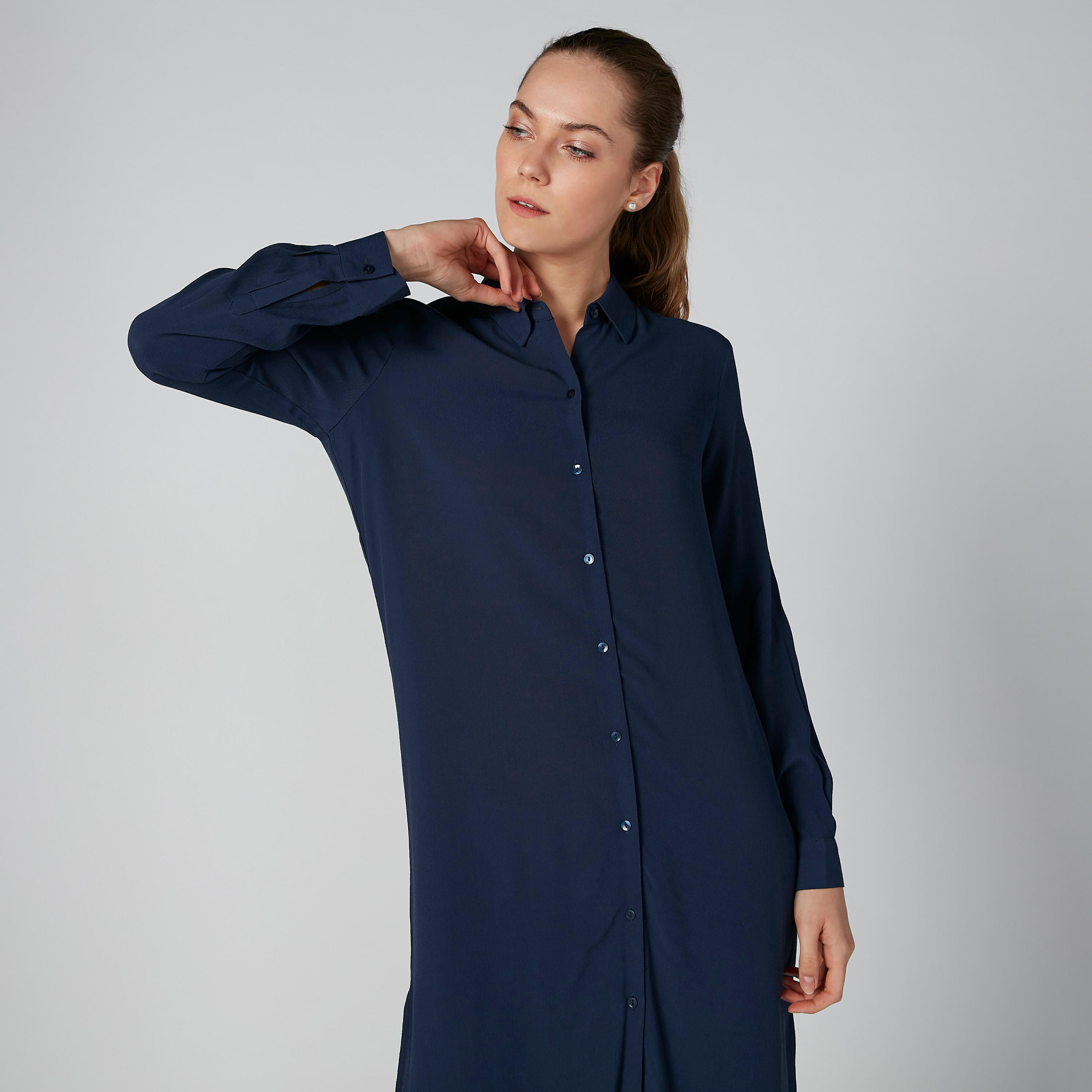 فستان قميص سادة متوسط الطول بأكمام طويلة وفتحة-women-clothing-dresses-image-5