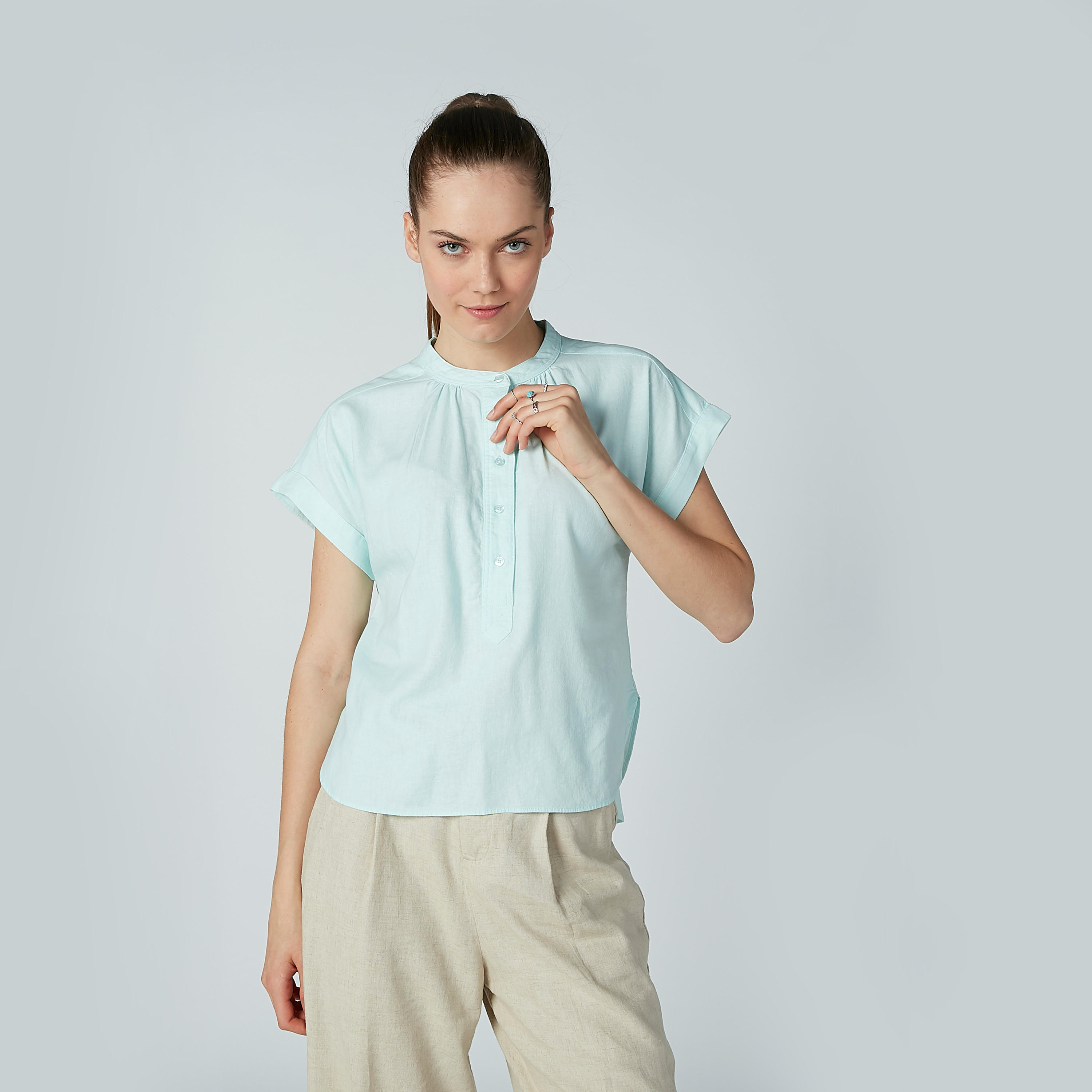 بلوزة سادة بياقة ماندارين وأكمام كاب-women-clothing-shirtsandblouses-blouses-image-2