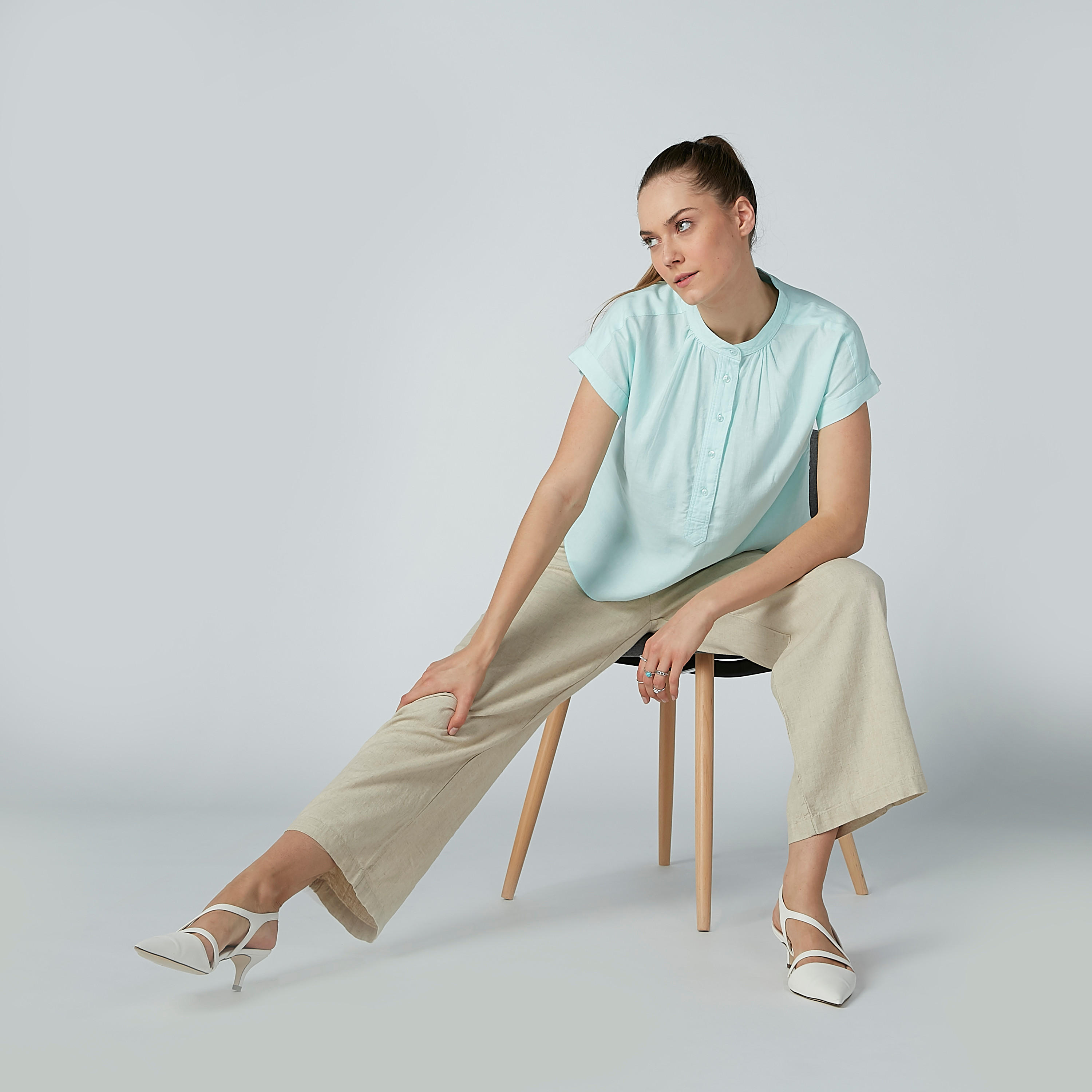 بلوزة سادة بياقة ماندارين وأكمام كاب-women-clothing-shirtsandblouses-blouses-image-3