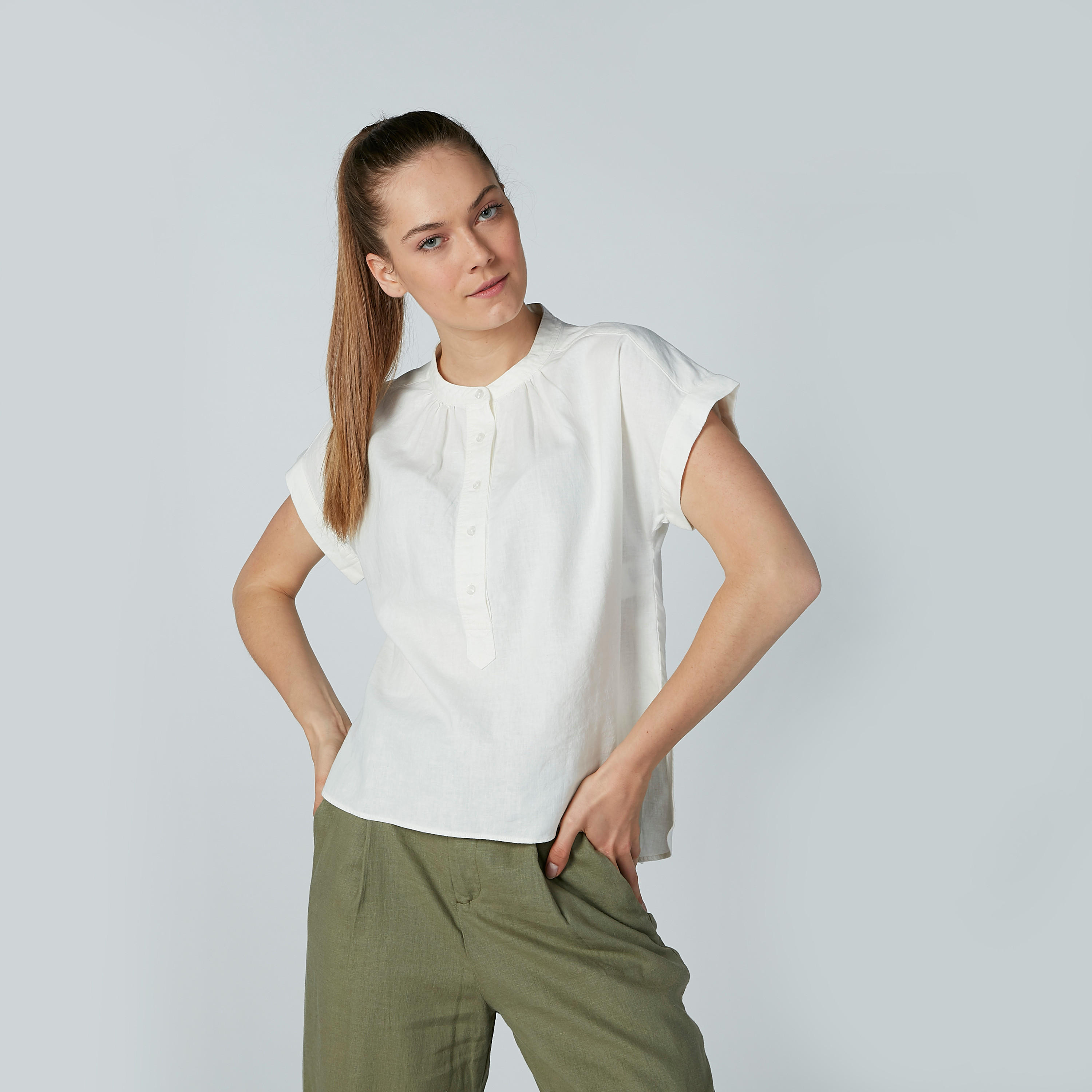 Solid Top with Mandarin Collar and Cap Sleeves-women-clothing-shirtsandblouses-blouses-image-1