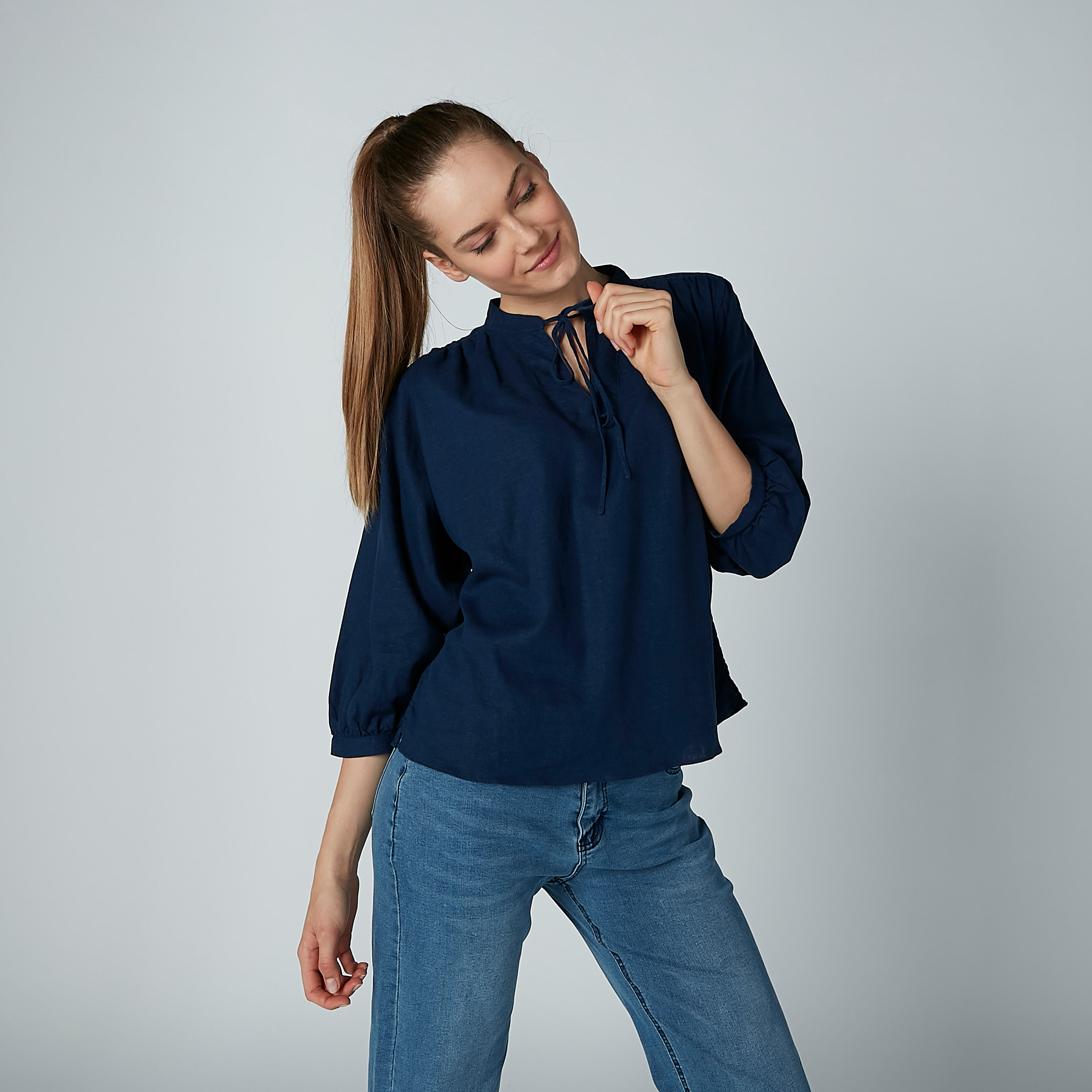 بلوزة سادة بأكمام 3/4 ورباط-women-clothing-shirtsandblouses-blouses-image-1