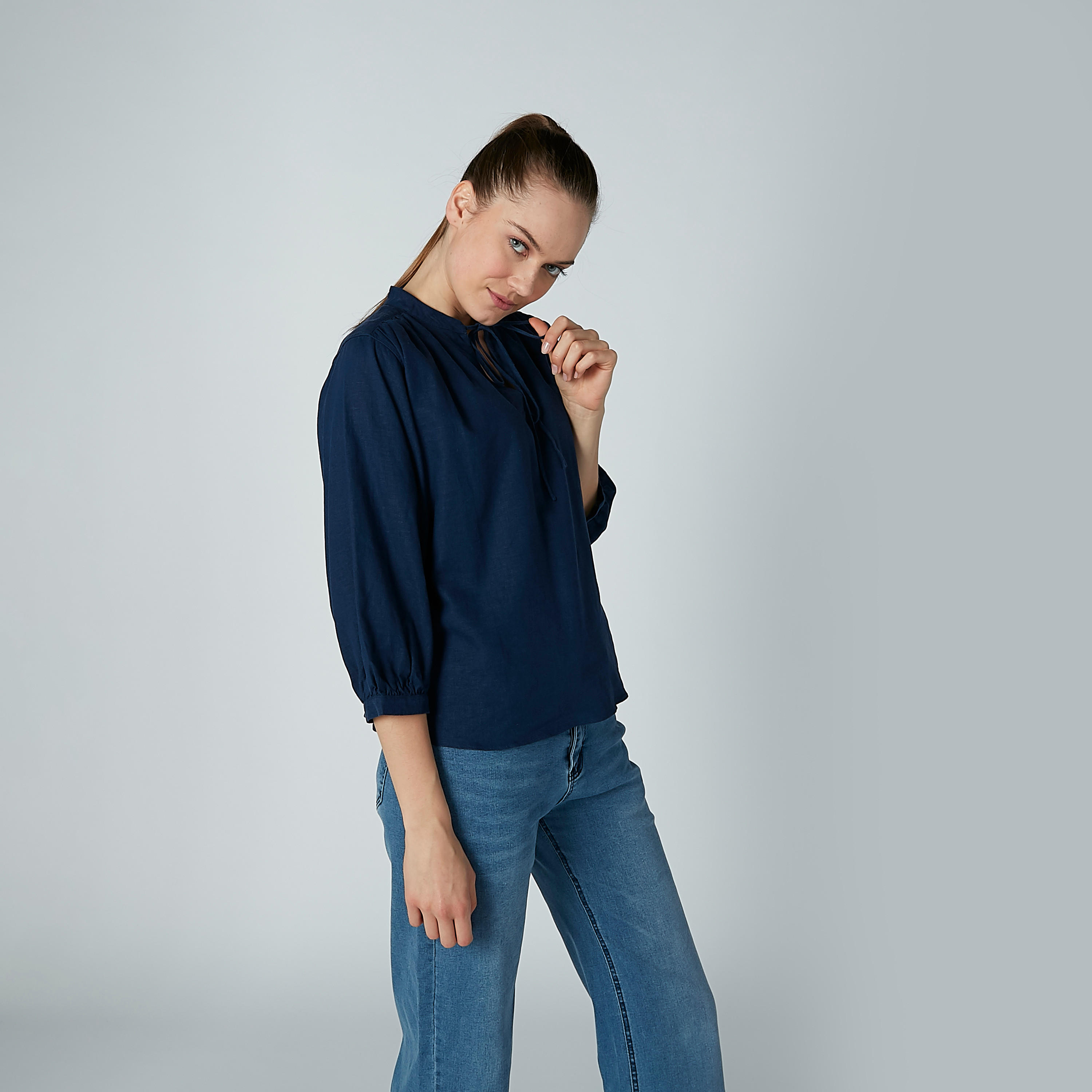 بلوزة سادة بأكمام 3/4 ورباط-women-clothing-shirtsandblouses-blouses-image-3