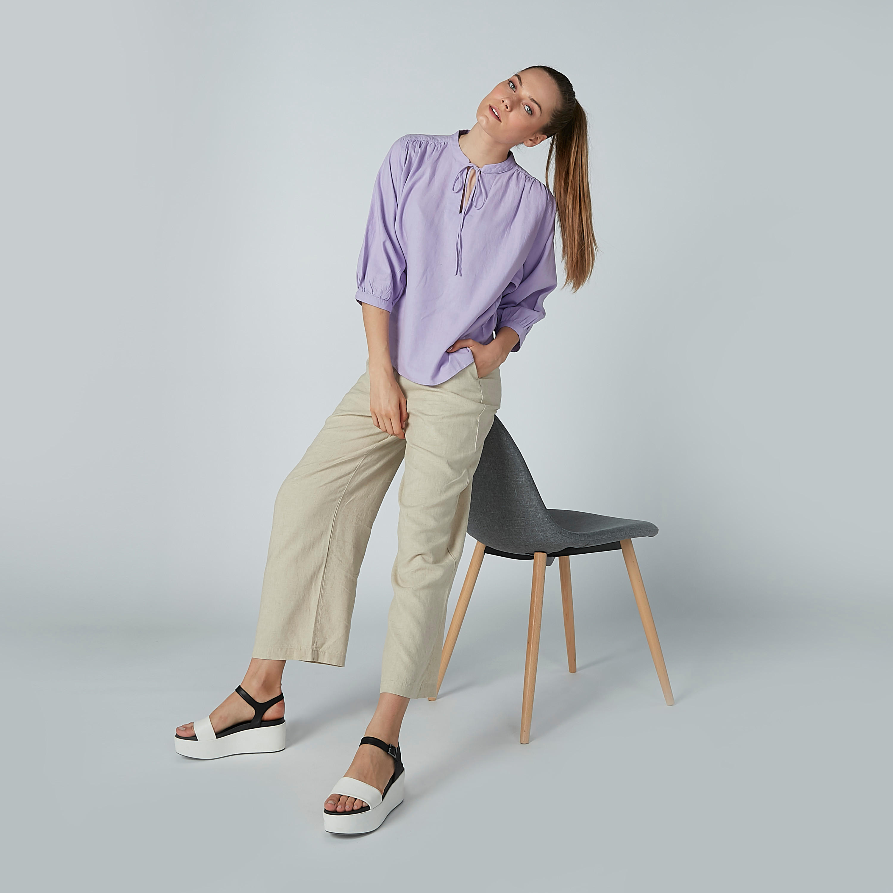 بلوزة سادة بياقة ماندارين وأكمام 3/4-women-clothing-shirtsandblouses-blouses-image-1