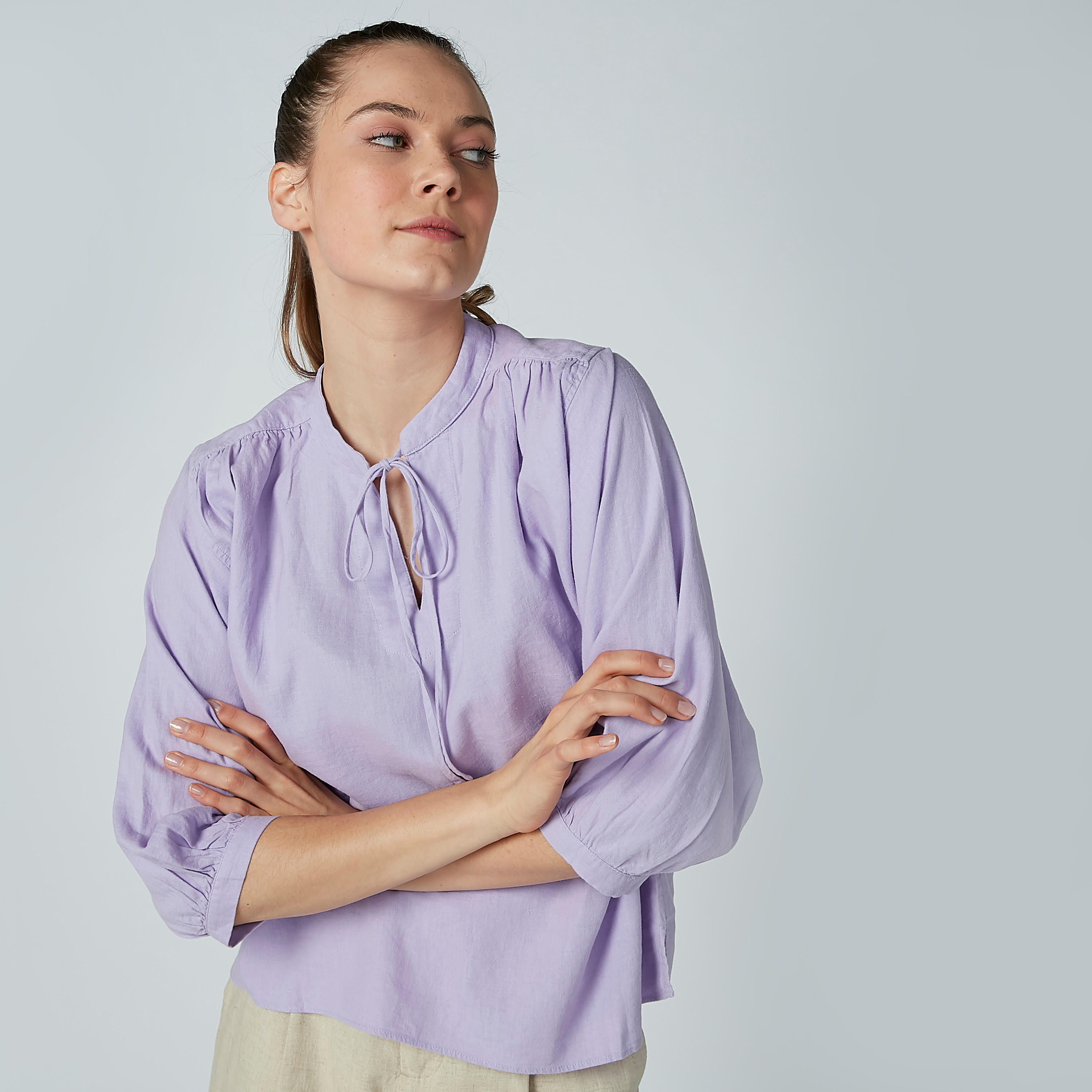 بلوزة سادة بياقة ماندارين وأكمام 3/4-women-clothing-shirtsandblouses-blouses-image-3