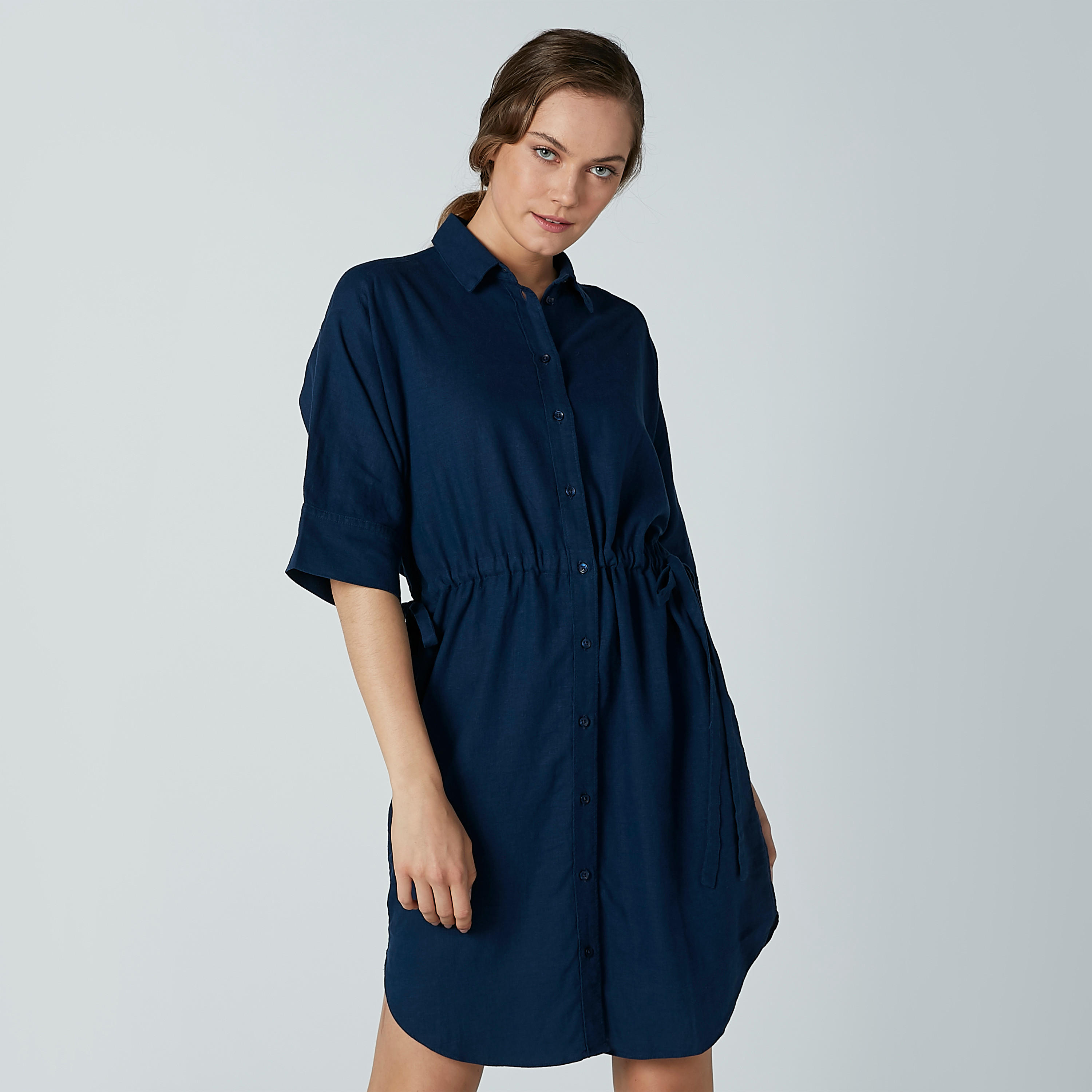 فستان قميص سادة متوسط الطول بأكمام 3/4-women-clothing-dresses-image-2