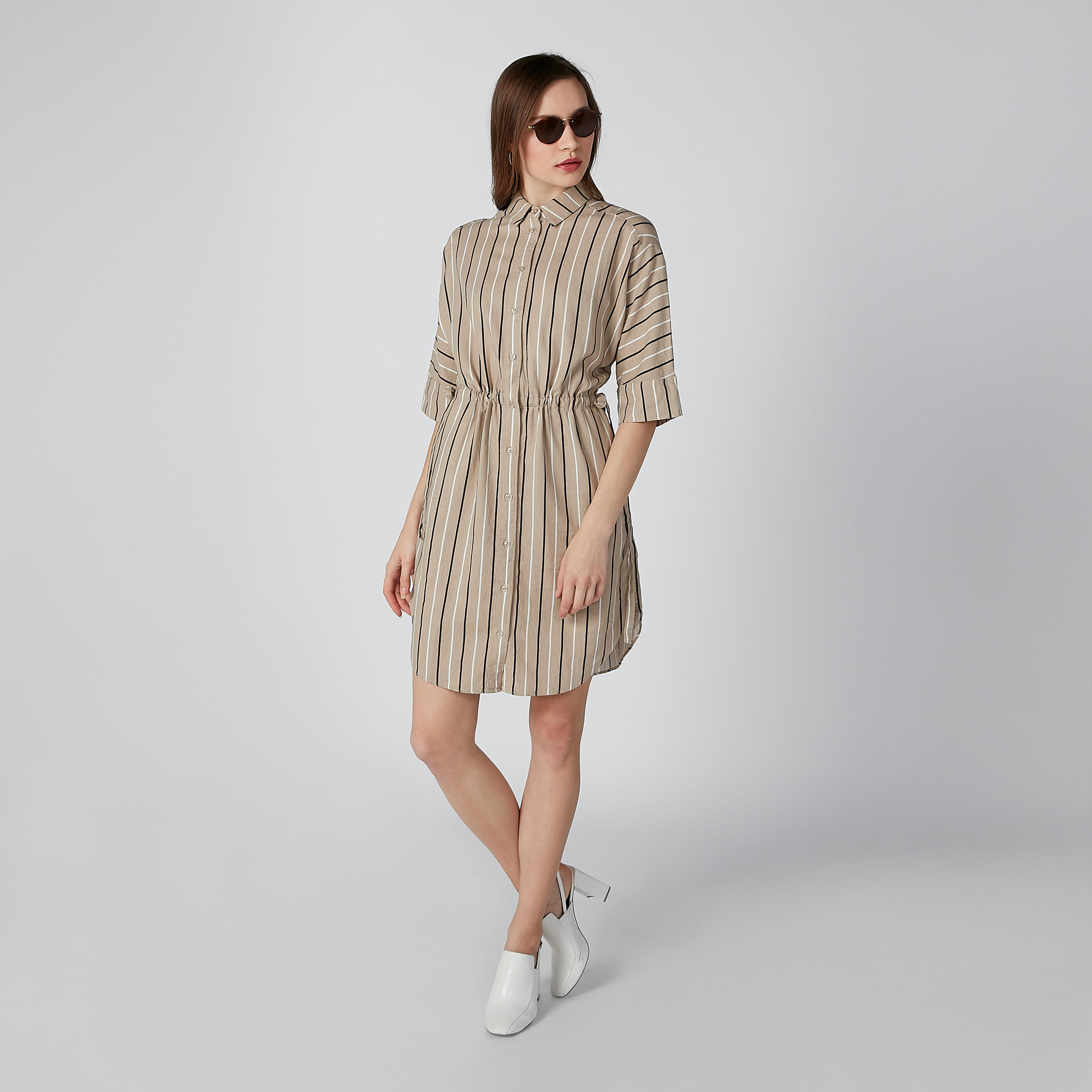 Striped Midi Shirt Dress with 3/4 Sleeves and Tie Up-women-clothing-dresses-image-1