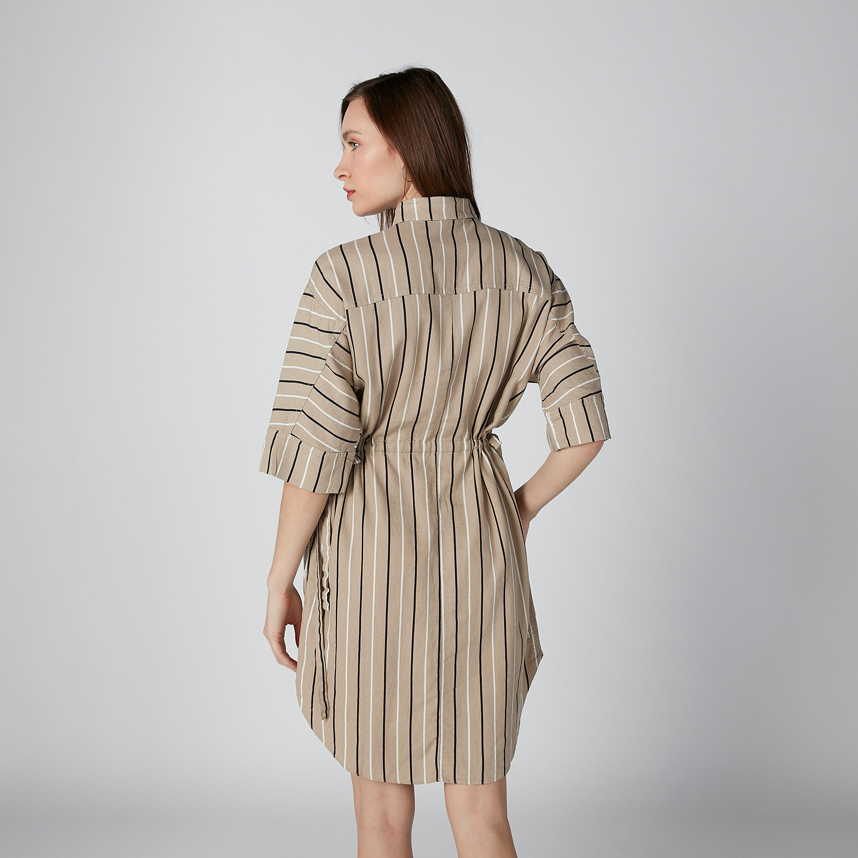 Striped Midi Shirt Dress with 3/4 Sleeves and Tie Up-women-clothing-dresses-image-2