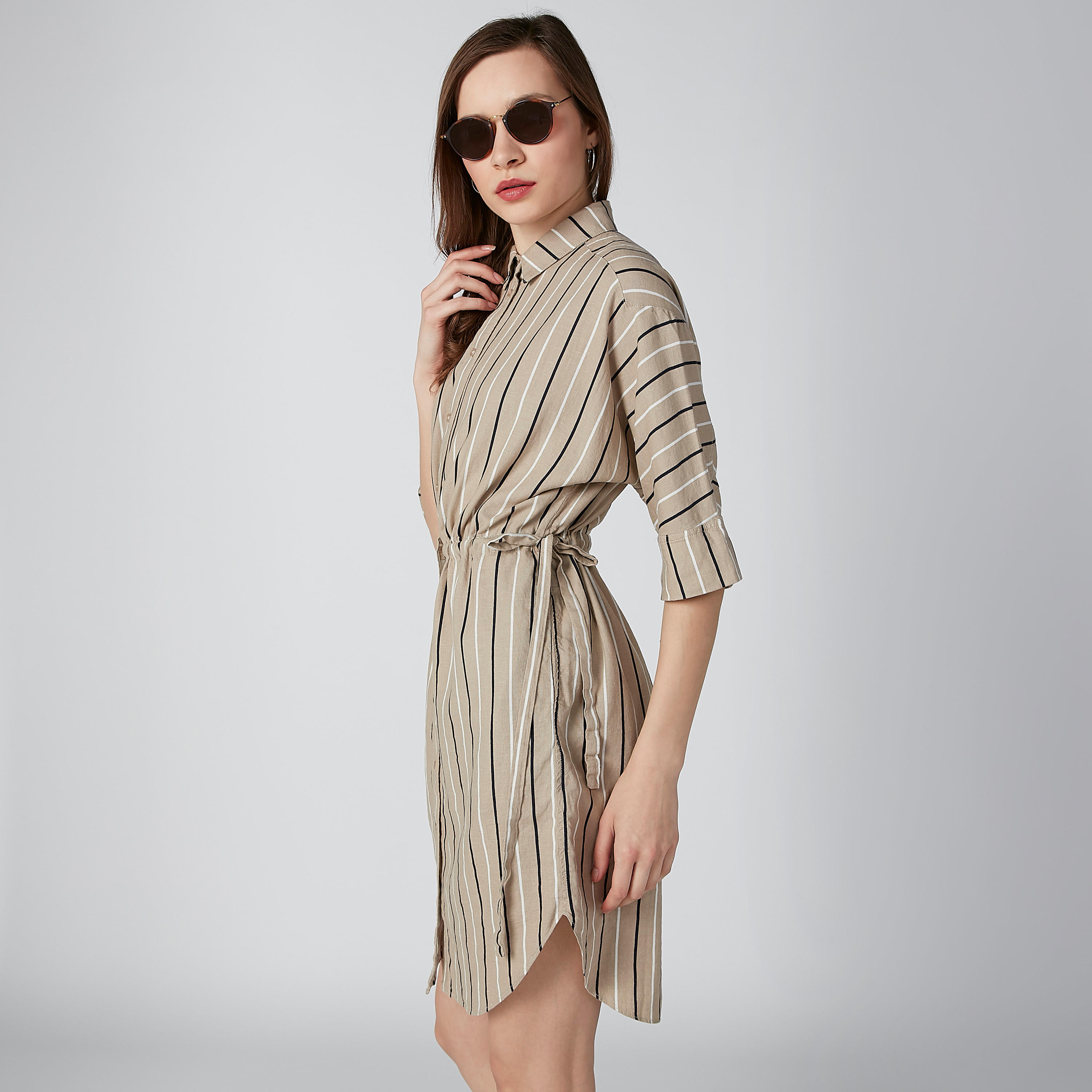 Striped Midi Shirt Dress with 3/4 Sleeves and Tie Up-women-clothing-dresses-image-3