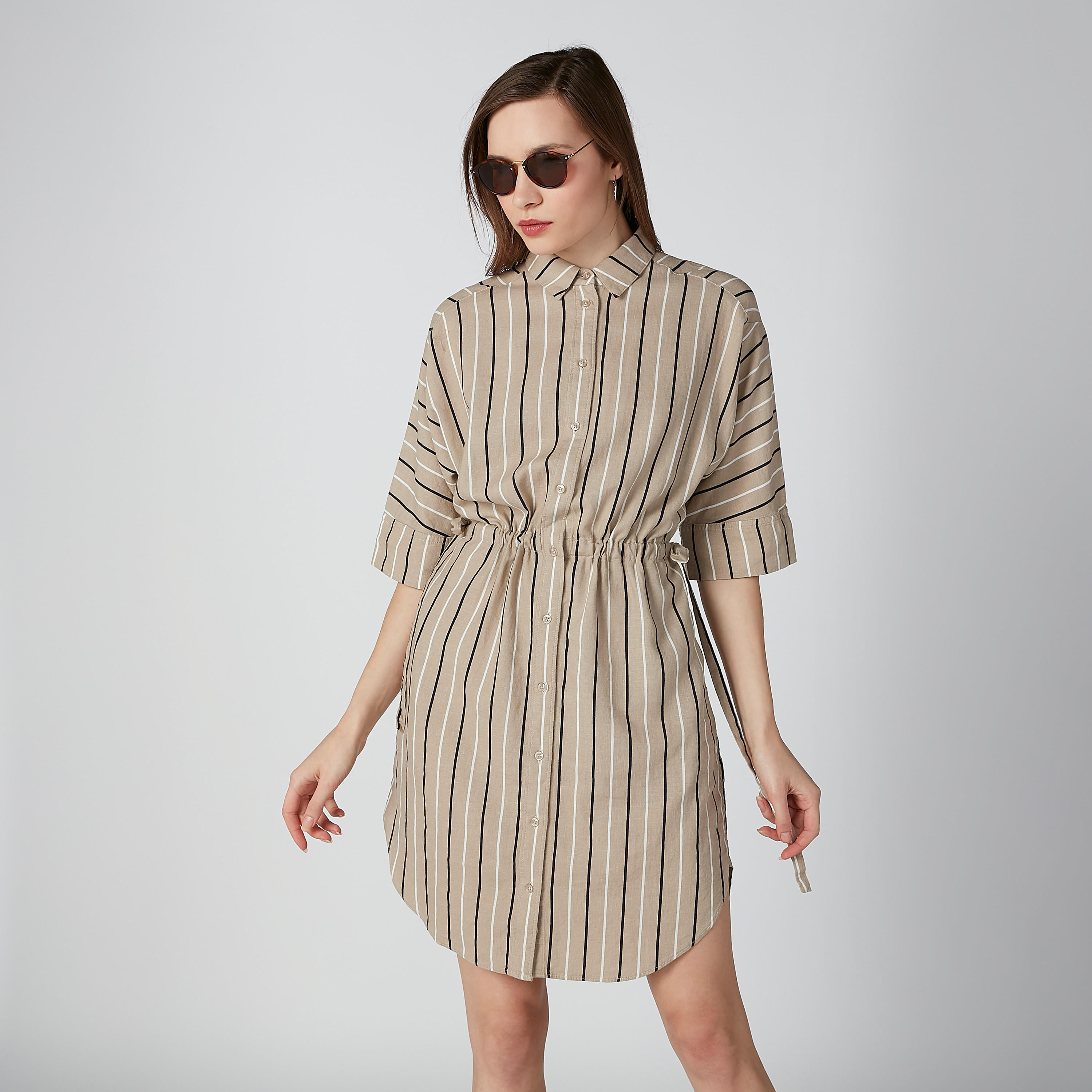 Striped Midi Shirt Dress with 3/4 Sleeves and Tie Up-women-clothing-dresses-image-4