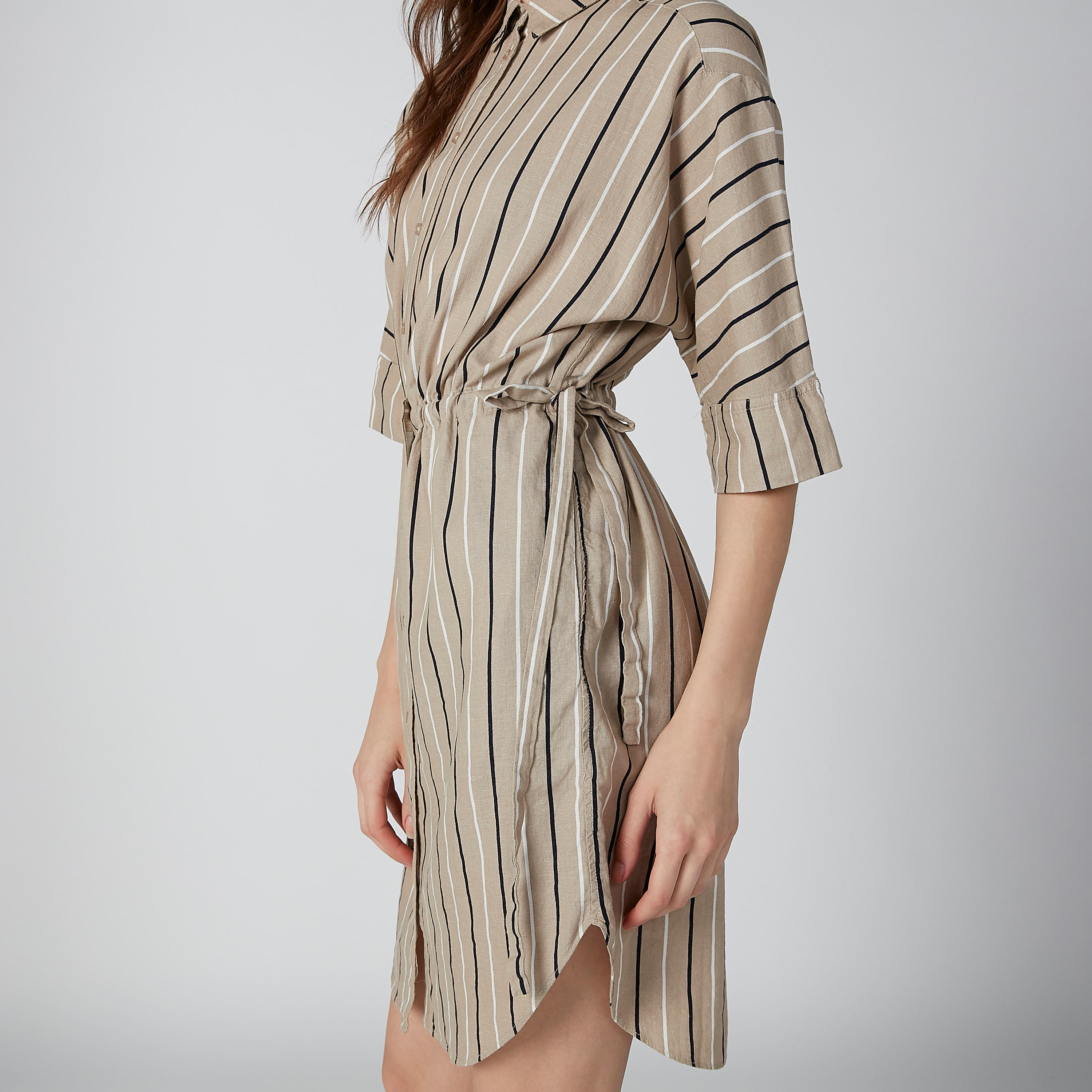 Striped Midi Shirt Dress with 3/4 Sleeves and Tie Up-women-clothing-dresses-image-5