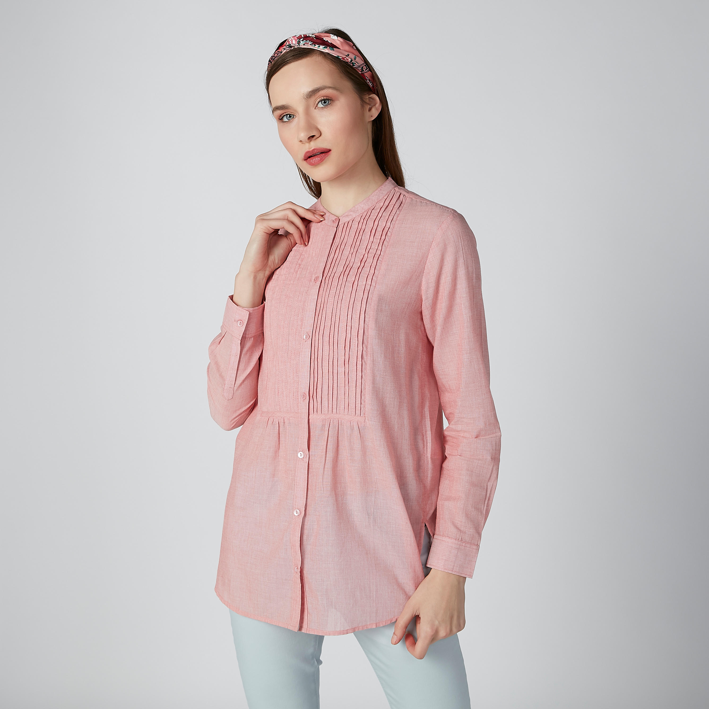 قميص مستدام بياقة ماندرين وتفاصيل مطوية -women-clothing-shirtsandblouses-shirts-image-1