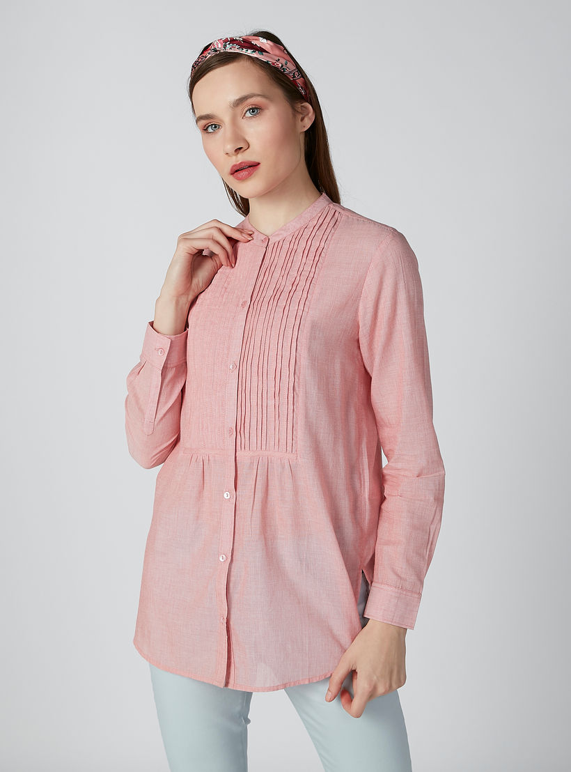قميص مستدام بياقة ماندرين وتفاصيل مطوية -women-clothing-shirtsandblouses-shirts-image-1