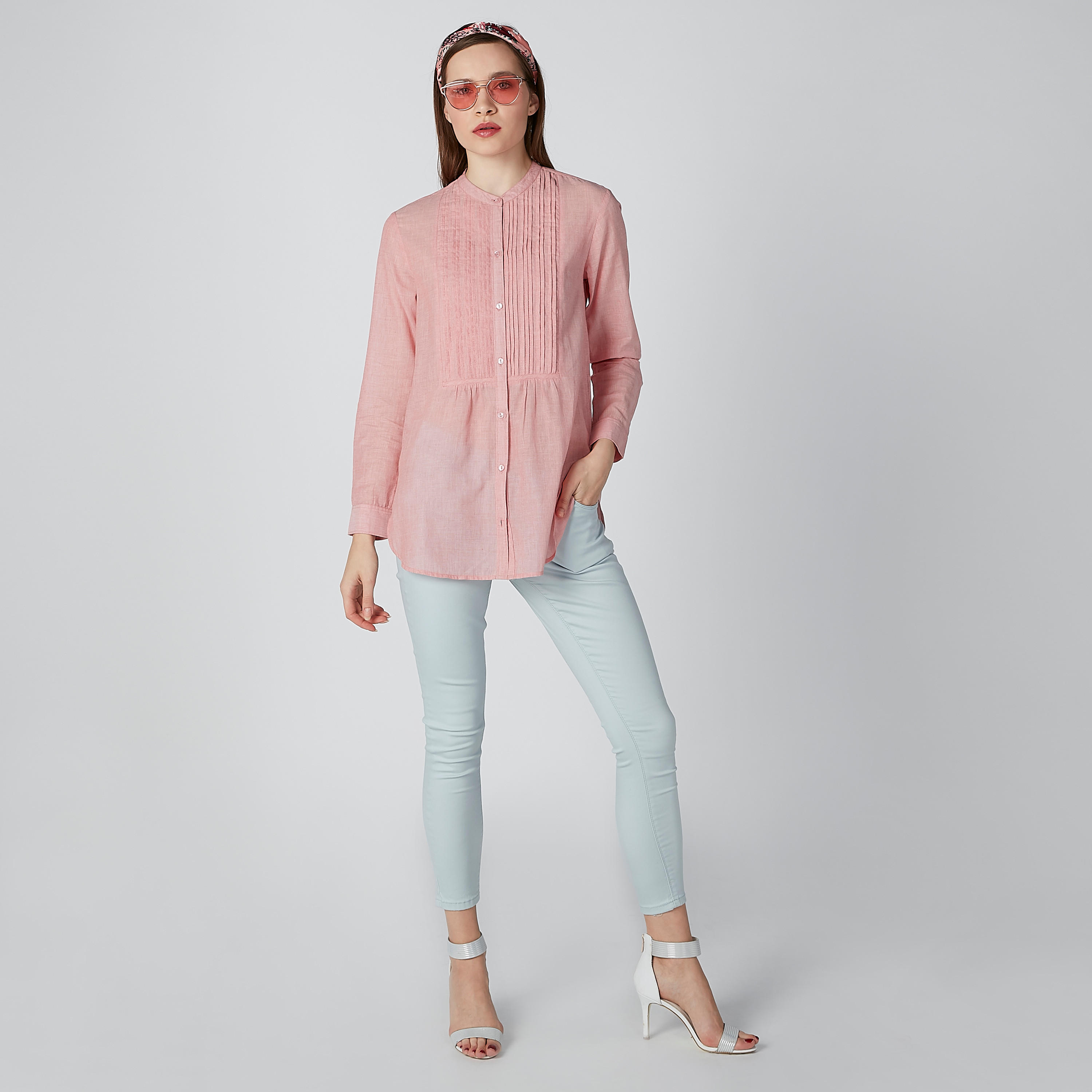 قميص مستدام بياقة ماندرين وتفاصيل مطوية -women-clothing-shirtsandblouses-shirts-image-3