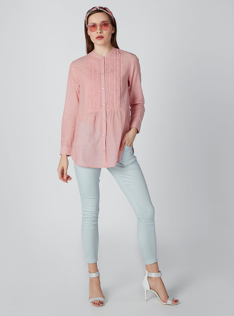 قميص مستدام بياقة ماندرين وتفاصيل مطوية -women-clothing-shirtsandblouses-shirts-image-3