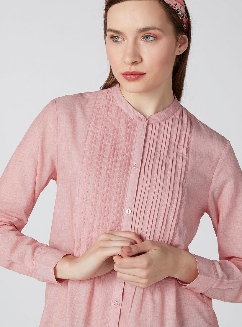 قميص مستدام بياقة ماندرين وتفاصيل مطوية -women-clothing-shirtsandblouses-shirts-image-5