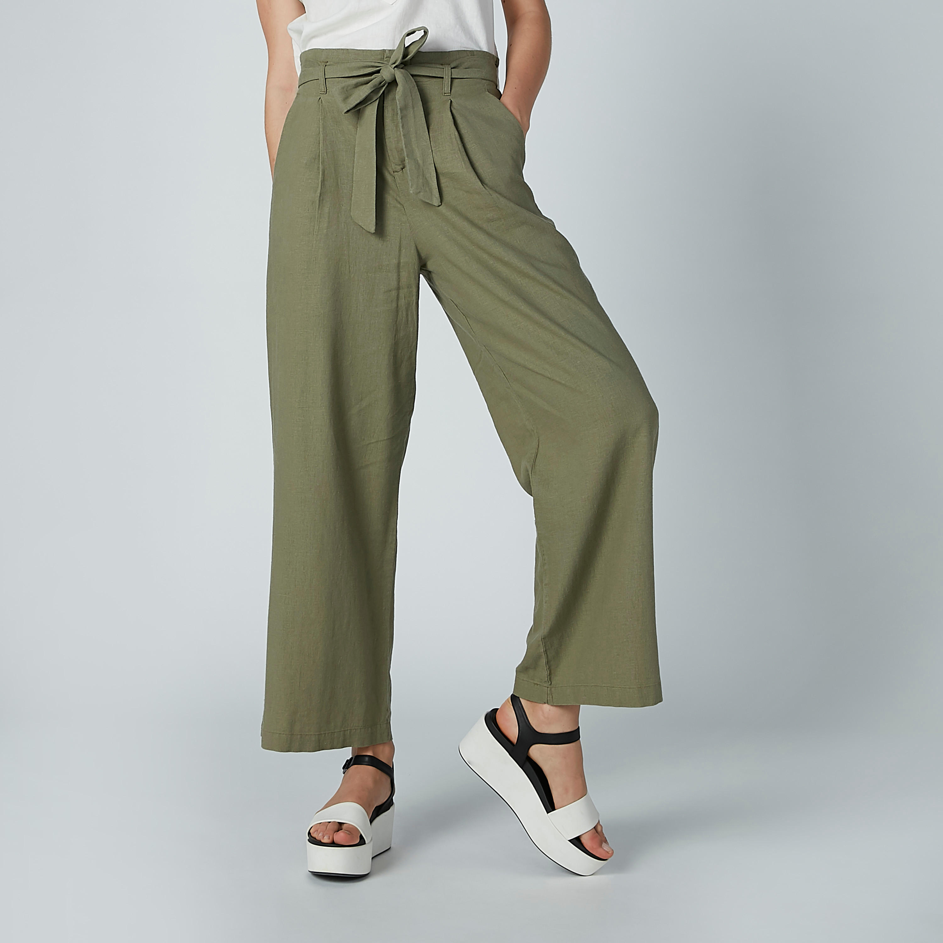 بنطال بالازو سادة بجيوب وحزام رباط-women-clothing-bottoms-trousers-image-1