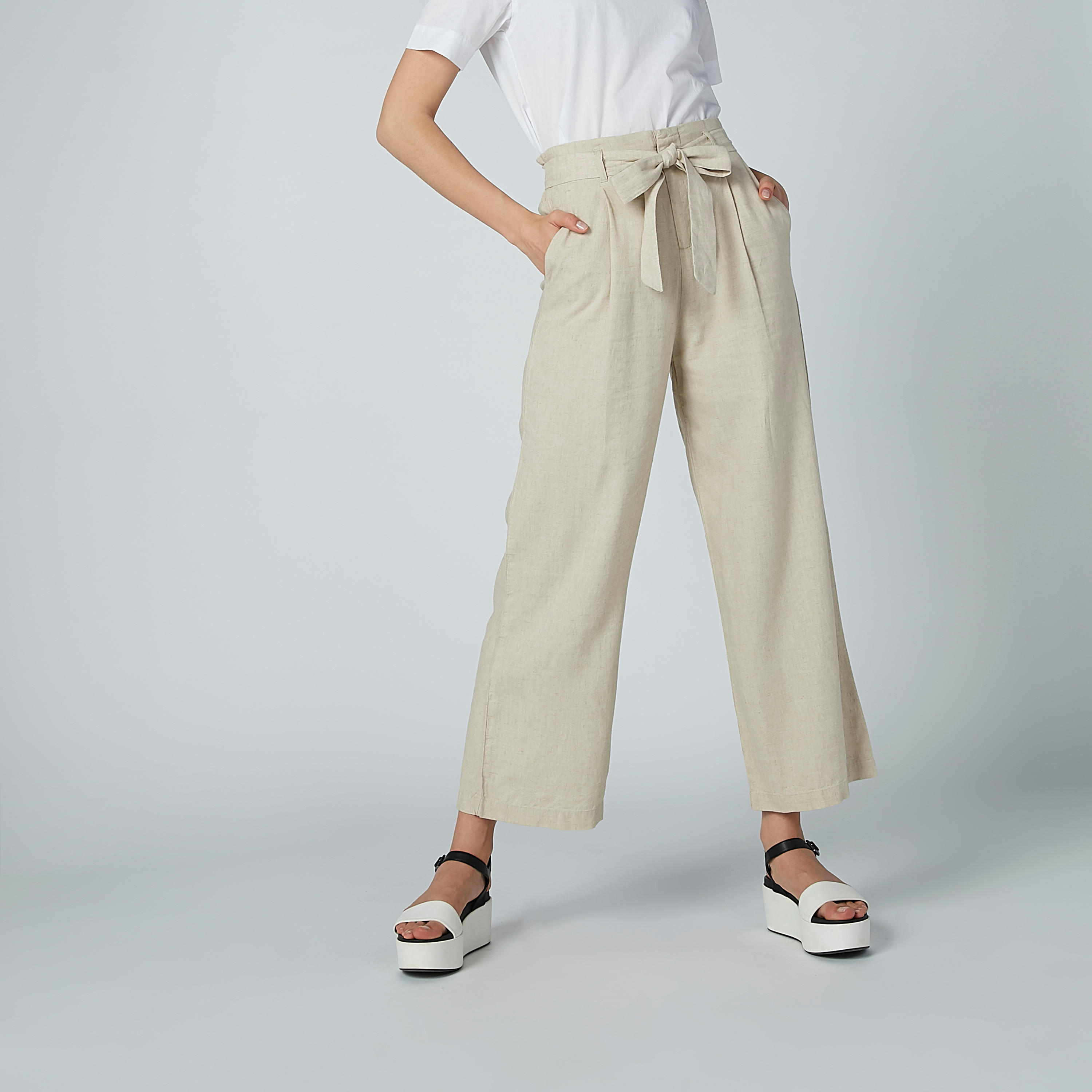 بنطال بالازو سادة بجيوب وحزام رباط-women-clothing-bottoms-trousers-image-1
