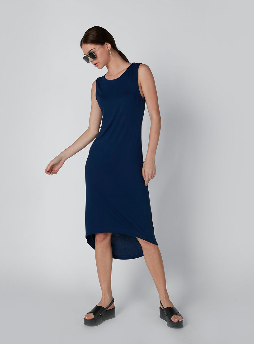 فستان سادة متوسط الطول دون أكمام بياقة مستديرة وحوّاف غير مستوية-women-clothing-dresses-image-1