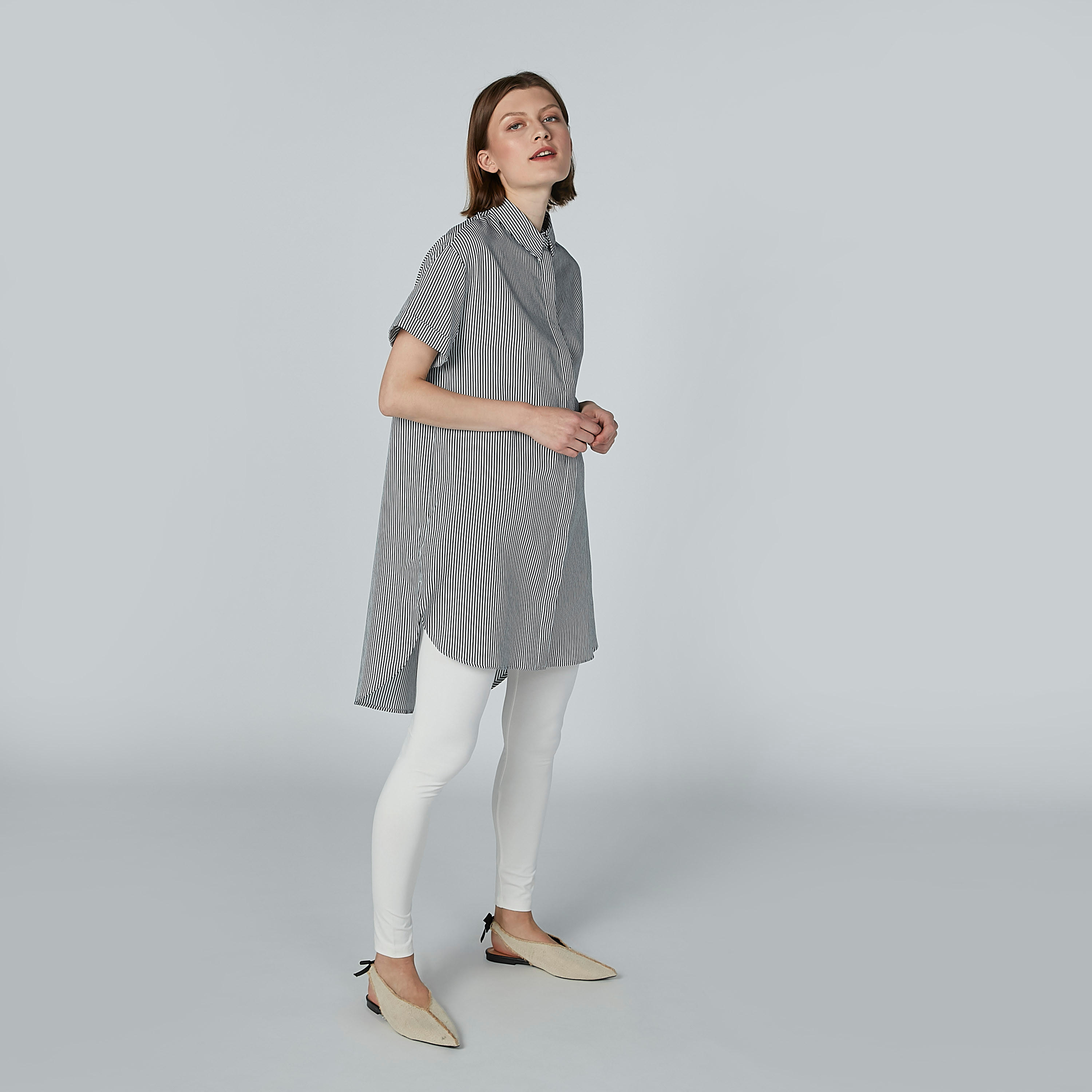 قميص طويل مقلّم بياقة عاديّة وأكمام قصيرة-women-clothing-shirtsandblouses-blouses-image-1