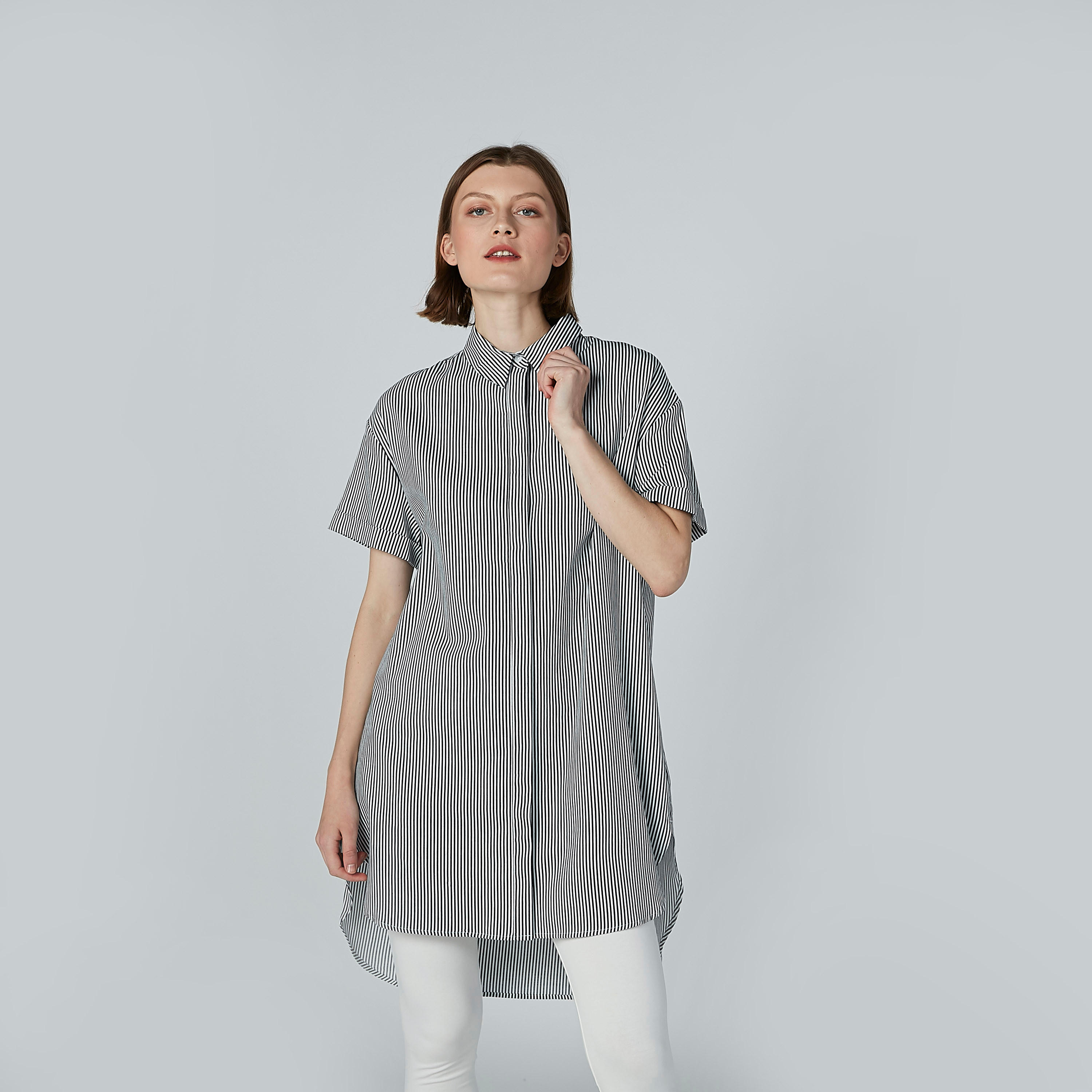 Striped Longline Collared Shirt with Short Sleeves-women-clothing-shirtsandblouses-blouses-image-2