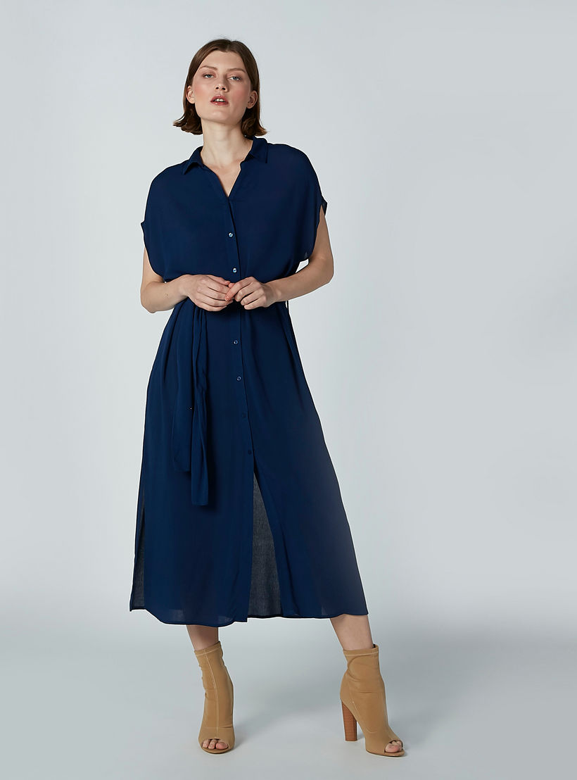 فستان قميص سادة بأكمام متصلة وجيوب-women-clothing-dresses-image-1