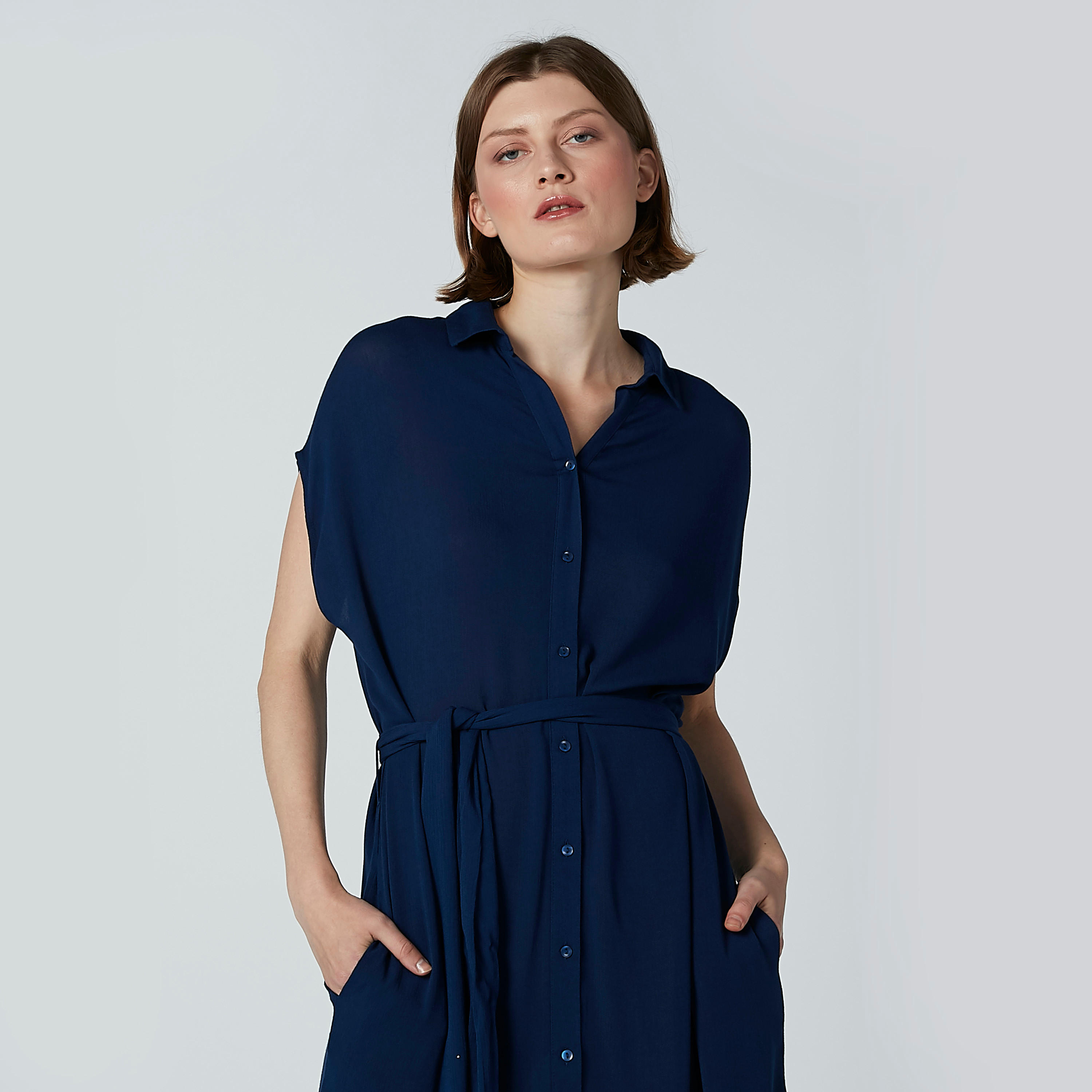 Plain Shirt Dress with Pocket Detail and Extended Sleeves-women-clothing-dresses-image-3