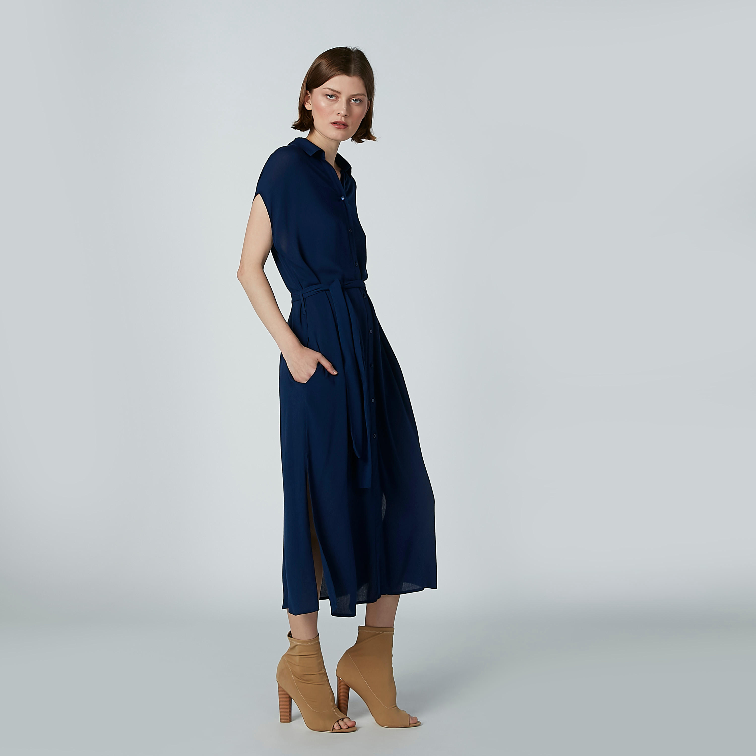 فستان قميص سادة بأكمام متصلة وجيوب-women-clothing-dresses-image-4