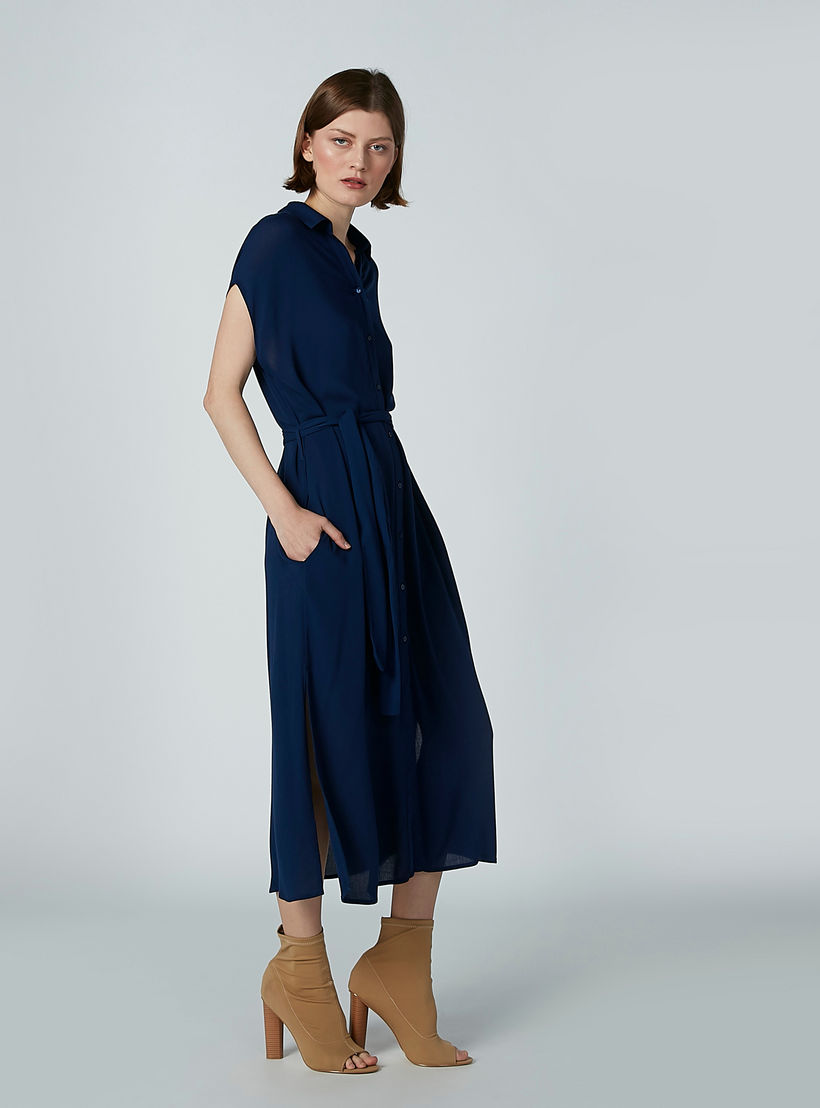 فستان قميص سادة بأكمام متصلة وجيوب-women-clothing-dresses-image-4