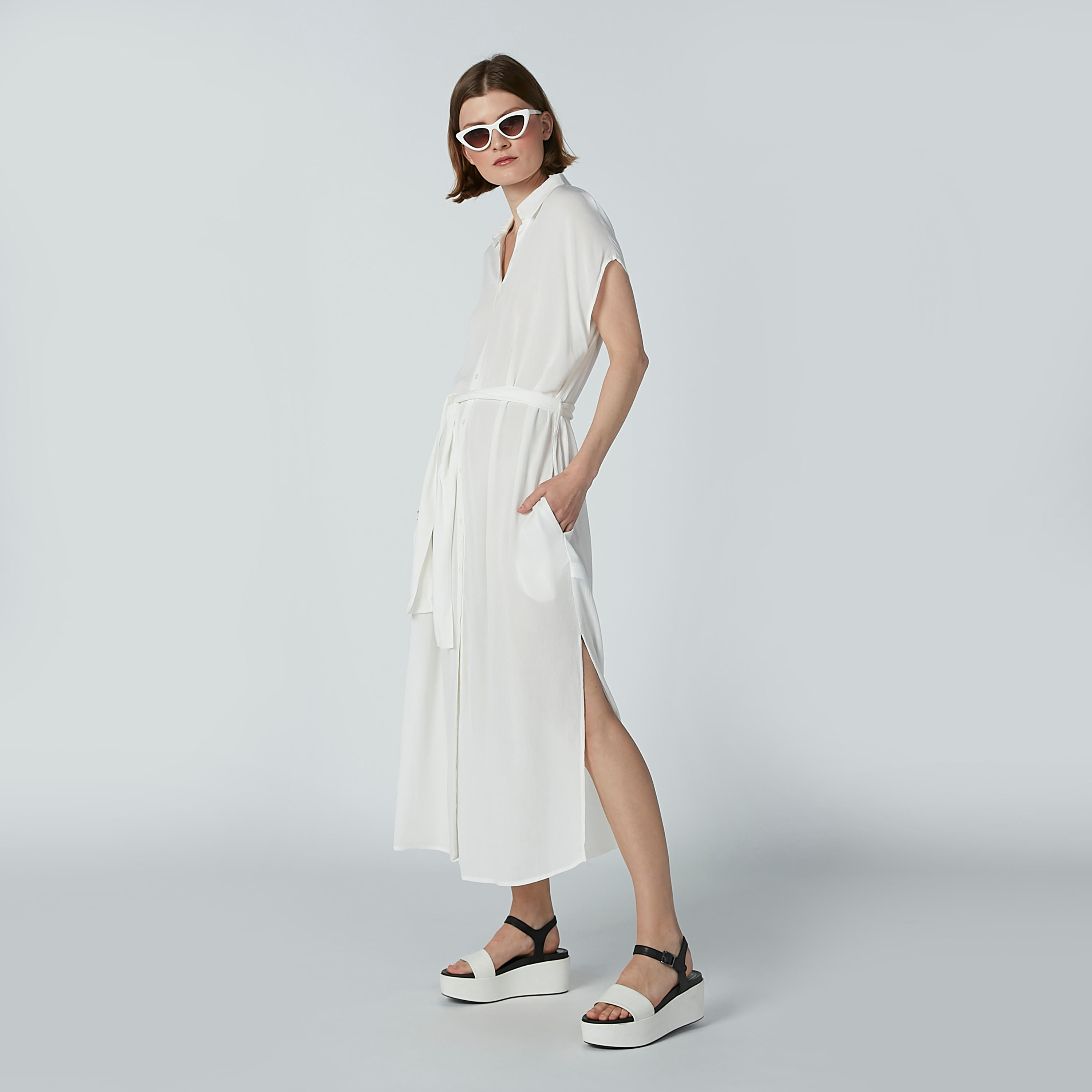 فستان قميص طويل سادة بأكمام كاب وجيوب-women-clothing-dresses-image-2